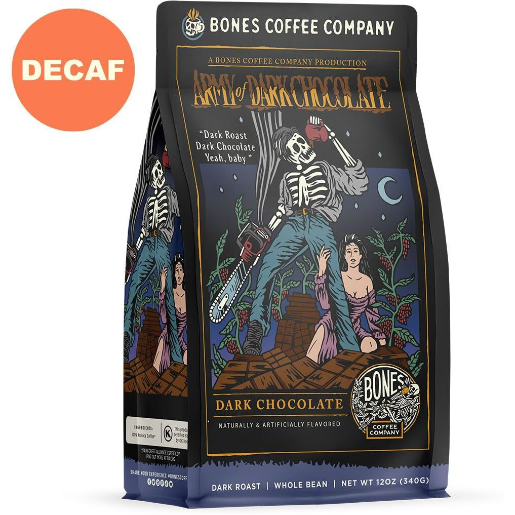 Bones Coffee Company Decaf Army Of Dark Chocolate Whole Coffee Beans, Low Acid Flavored Coffee, Made With Arabica Coffee Beans, Dark Roast Gourmet Coffee, Coffee Lover Gift Ideas (12 Oz)