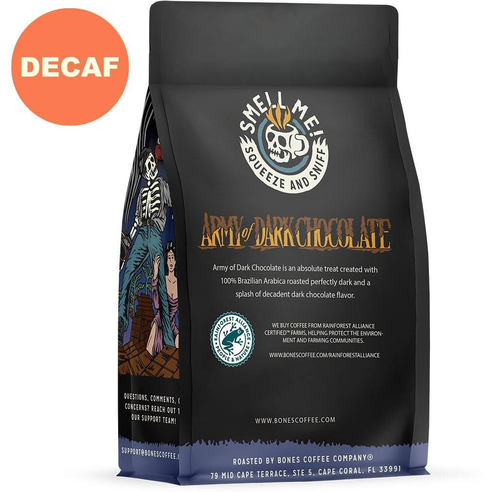 Bones Coffee Company Decaf Army Of Dark Chocolate Whole Coffee Beans, Low Acid Flavored Coffee, Made With Arabica Coffee Beans, Dark Roast Gourmet Coffee, Coffee Lover Gift Ideas (12 Oz)