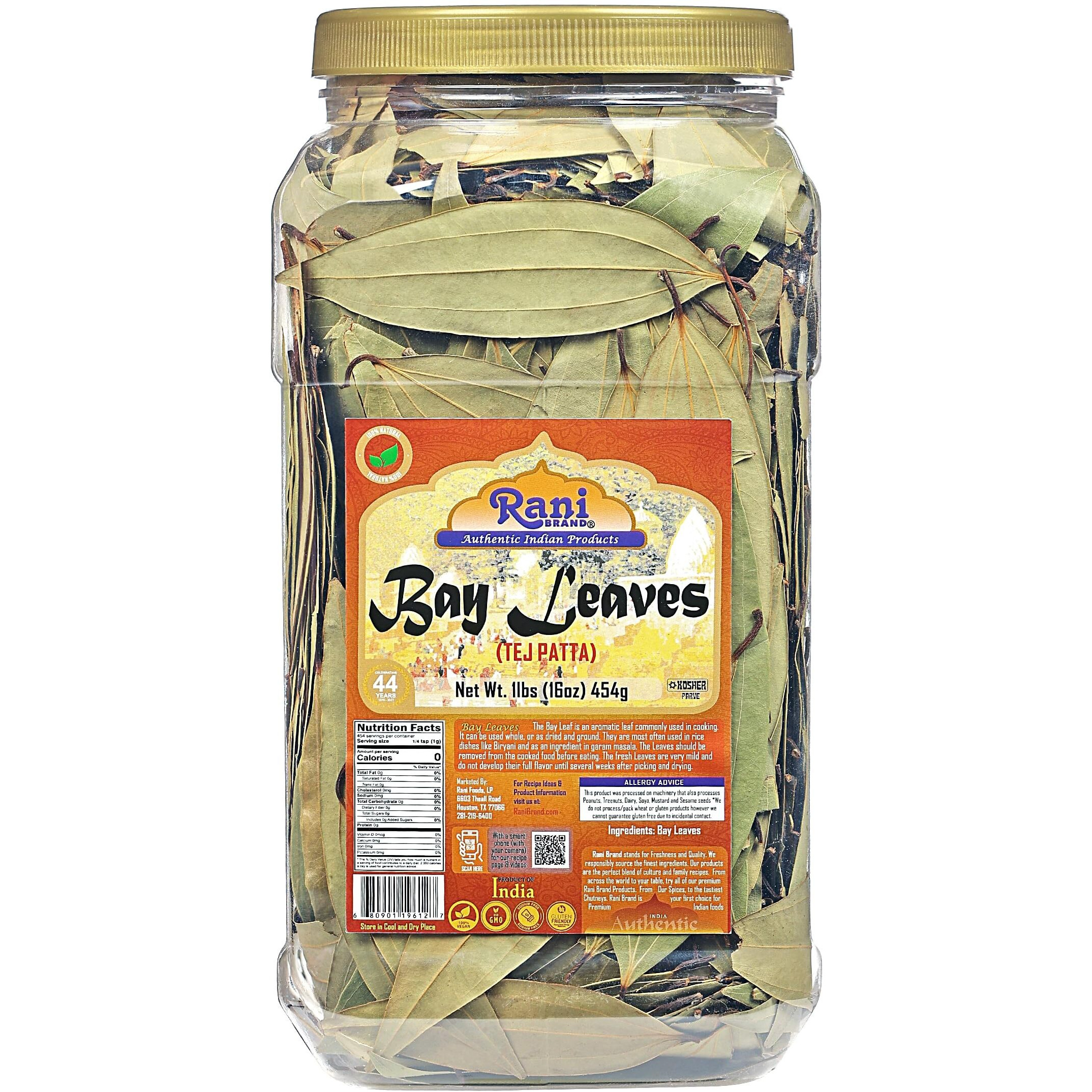 Rani Bay Leaf (Leaves) Whole Spice Hand Selected Extra Large 16Oz (1Lb) 454G Bulk Pet Jar ~ All Natural | Gluten Friendly | Non-Gmo | Kosher | Vegan | Indian Origin (Tej Patta)