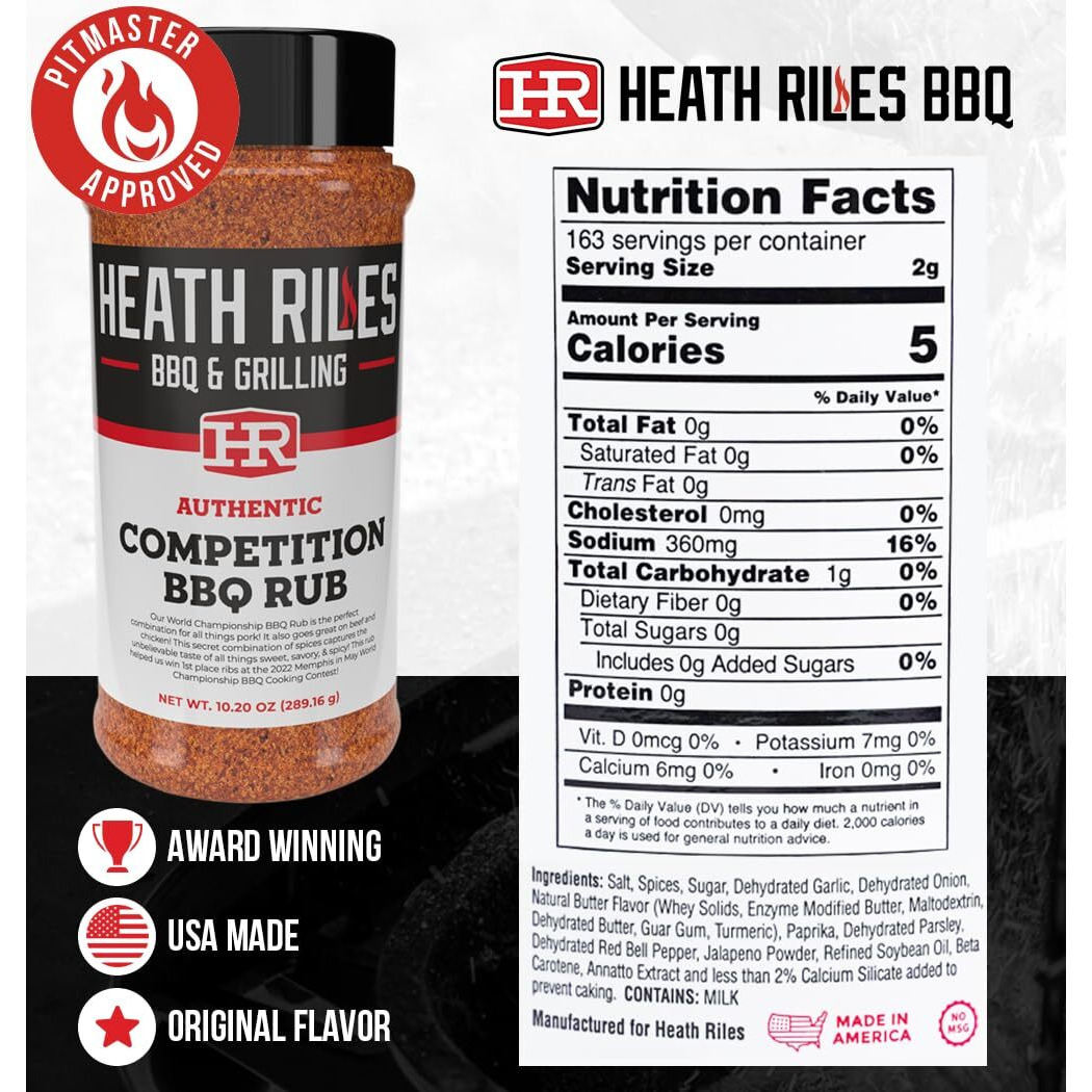 Heath Riles Bbq Rub - Competition Bbq Seasoning Rub, Champion Pitmaster Recipe, Legendary Bbq Rubs For Smoking & Grilling, 70+ Bbq Championships, 10.20 Oz.