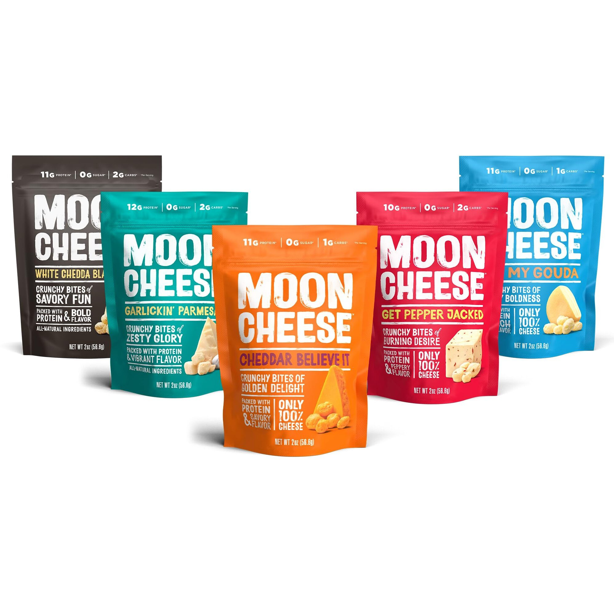 Moon Cheese Variety Pack, Cheddar, White Cheddar, Gouda, Garlic Parm & Pepper Jack, Protein-Rich Cheese Snack, Gluten Free, Keto Friendly, 100% Real Cheese, 2 Ounce (Pack Of 5)