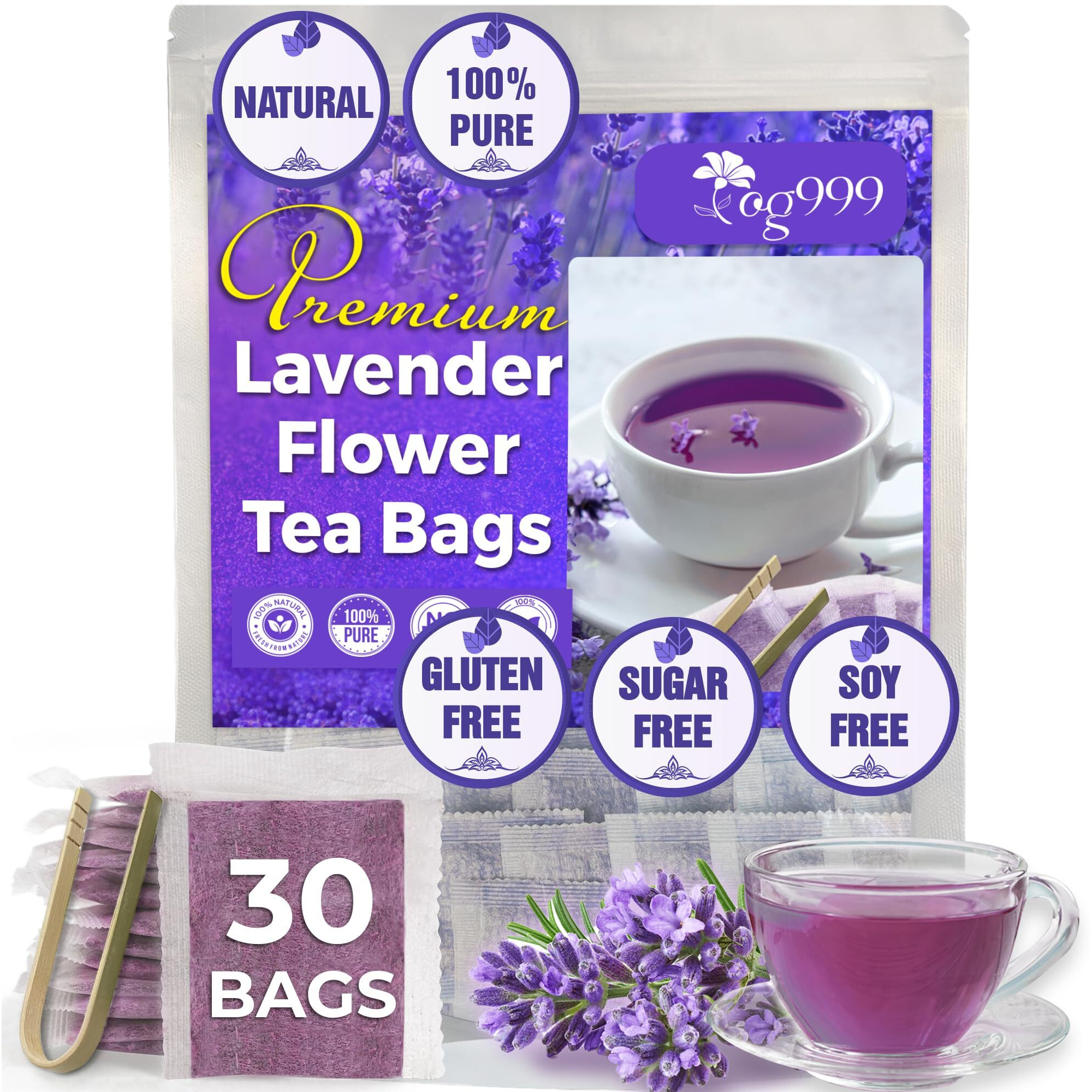Tog999, 30 Lavender Flower Tea Bags, 100% Natural & Pure From Lavender Flowers. Loose Flower Lavender Herbal Tea. Lavender Flower Tea. No Sugar, No Caffeine, No Gluten, Vegan.