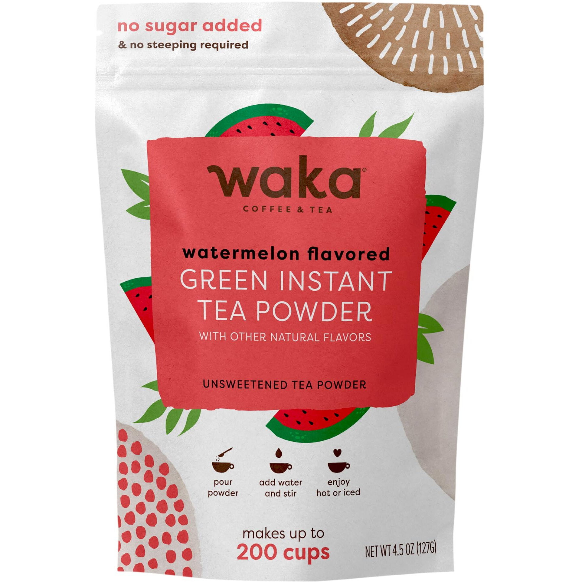 Waka Instant Green Tea Mix, Watermelon Flavored - 100% Tea Leaves, No Additives, Unsweetened Tea Powder In Bulk Pouch - Easy Quick Hot And Iced Teas, Up To 200 Cups (4.5Oz)