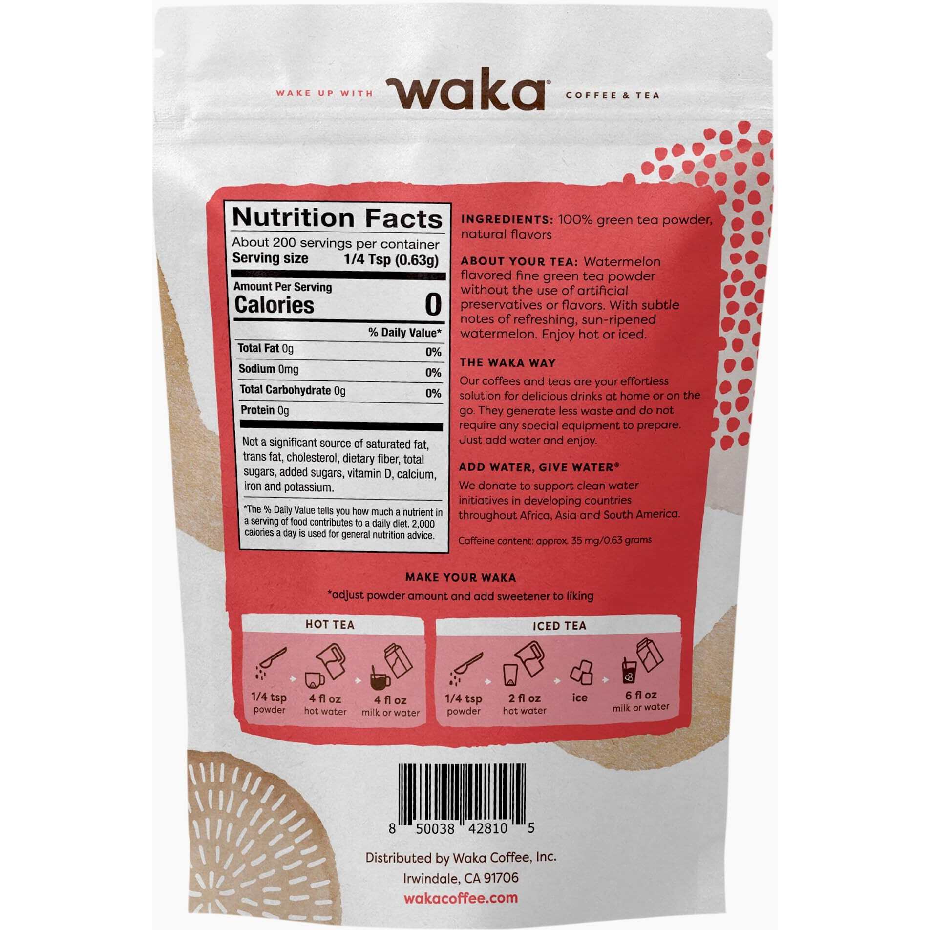 Waka Instant Green Tea Mix, Watermelon Flavored - 100% Tea Leaves, No Additives, Unsweetened Tea Powder In Bulk Pouch - Easy Quick Hot And Iced Teas, Up To 200 Cups (4.5Oz)