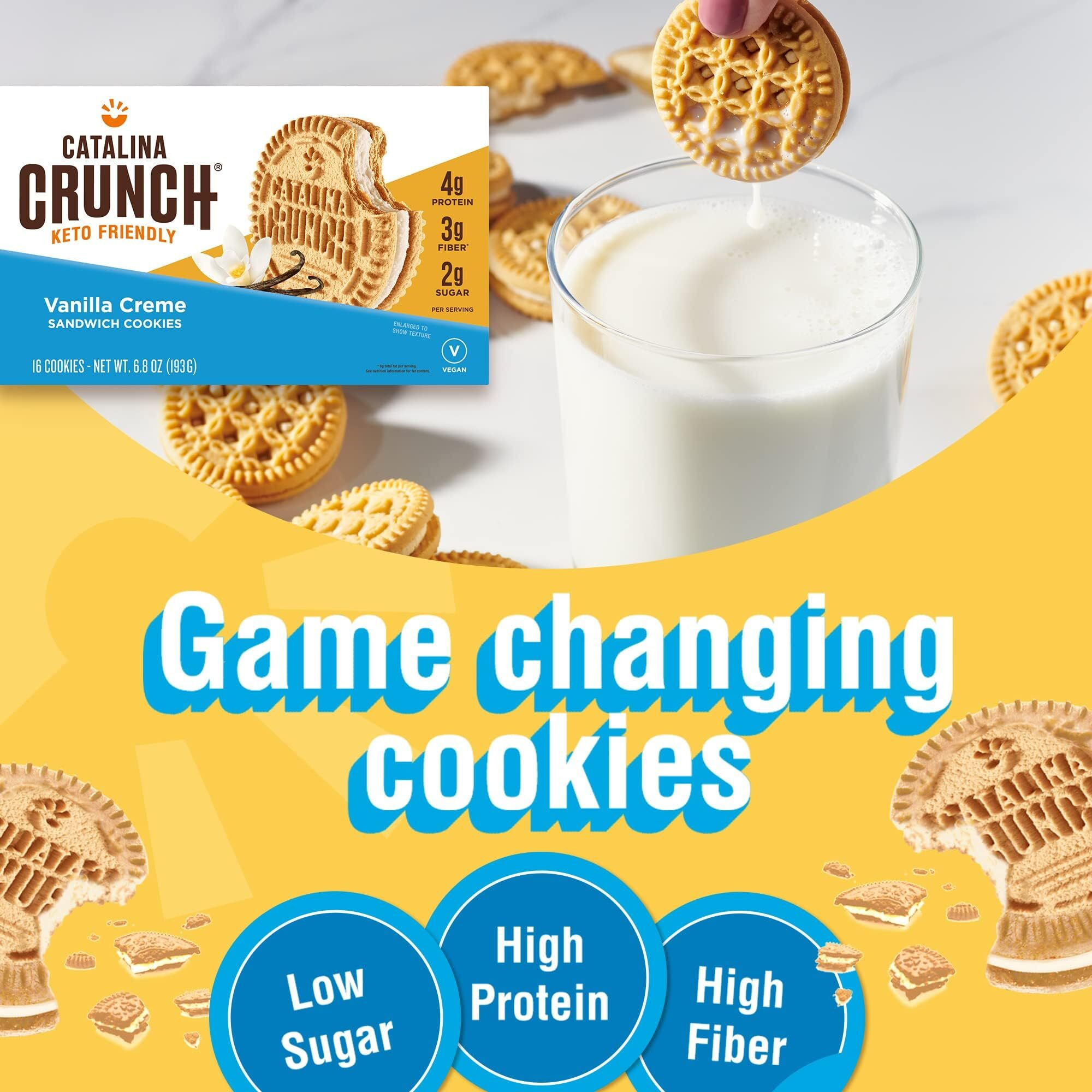 Catalina Crunch Vanilla Crme Sandwich Cookies, Healthy Snacks For Kids & Adults, Vegan, Low Sugar 2G, Low Carb, High Protein 4G & Fiber 3G, Keto Friendly, Plant Based, 6.8 Oz (Pack Of 2)
