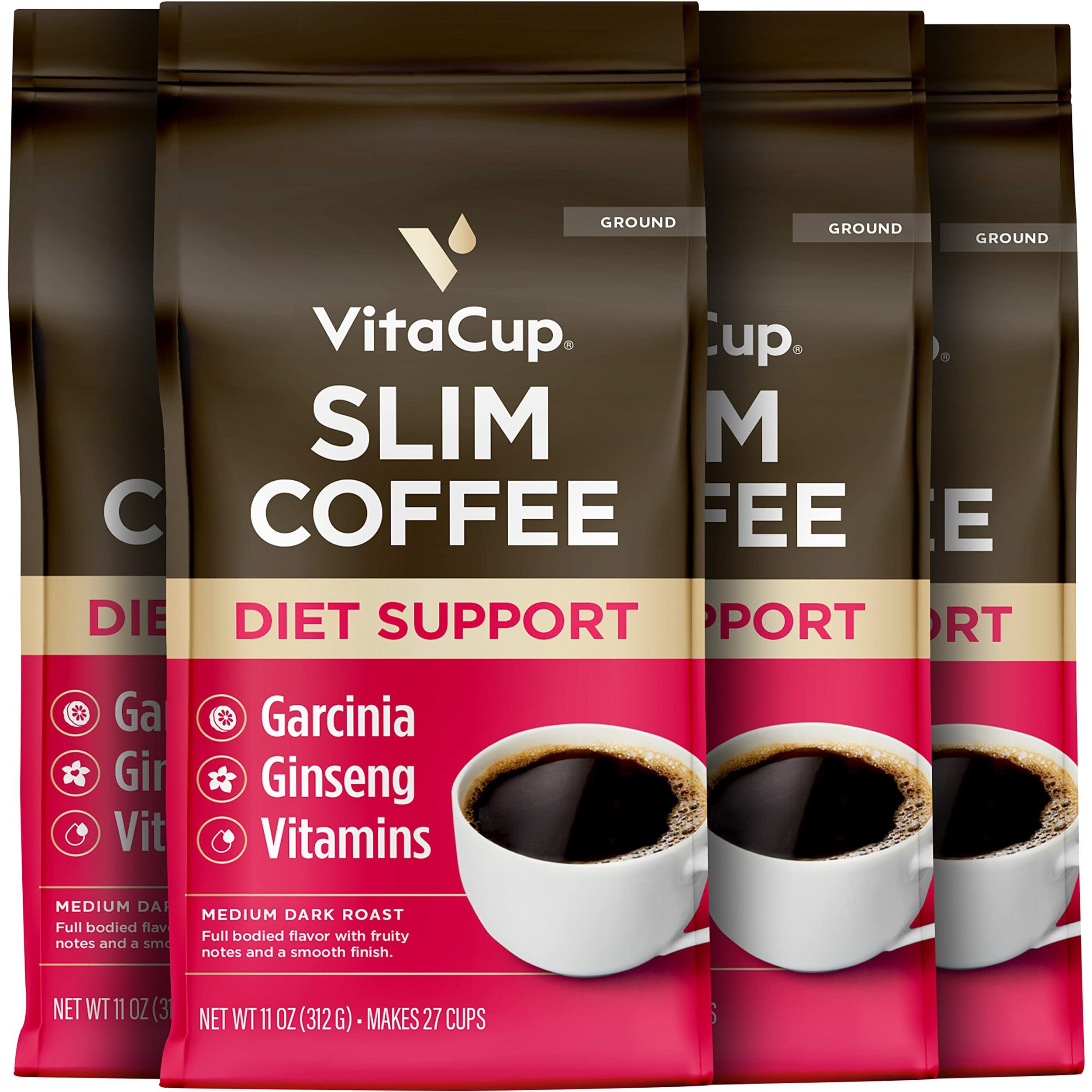 Vitacup Slim Ground Coffee, Diet Support With Ginseng, Garcinia, B Vitamins, Medium Dark Roast, Bold And Smooth,100% Arabica Specialty Coffee Grounds, 4 Bags, 11Oz Each