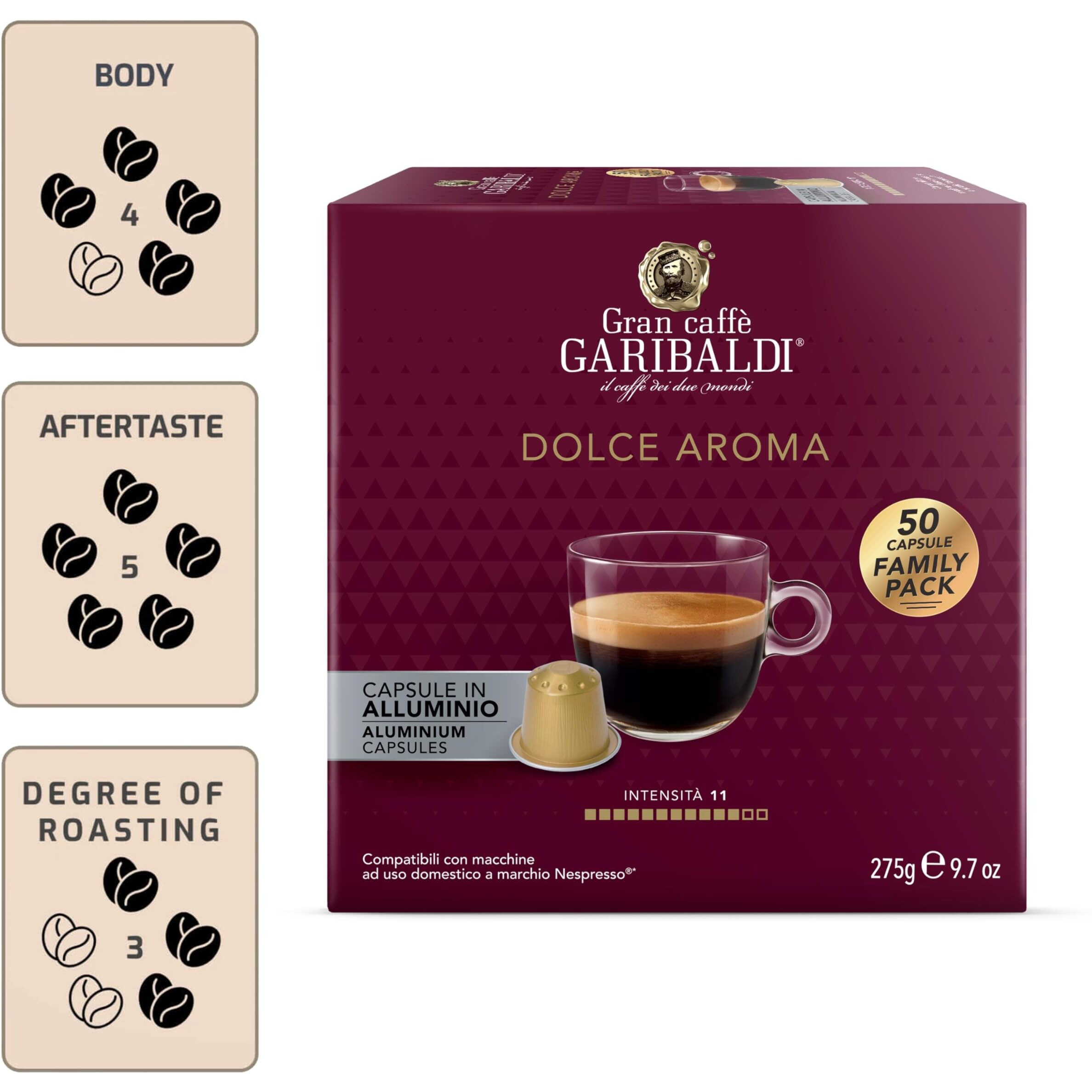 Gran Caff Garibaldi For Nespresso Original Machine 200 Aluminum Pods Certified Genuine Espresso Dolce Aroma Pods Compatible With Nespresso Original (Dolce Aroma, 200 Count)