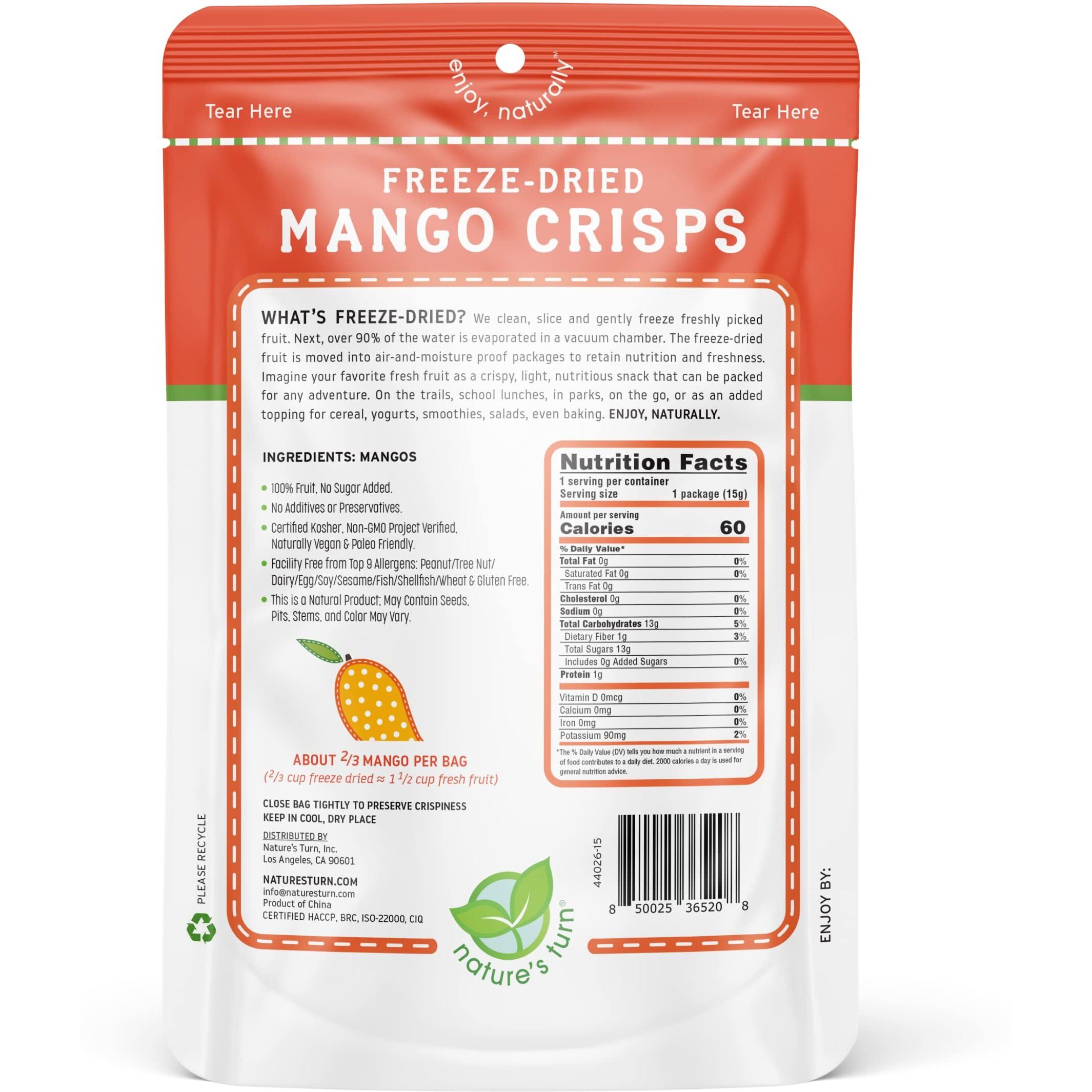 Nature's Turn Freeze-Dried Fruit Snacks, Mango Crisps, Pack Of 6 (0.53 Oz Each)