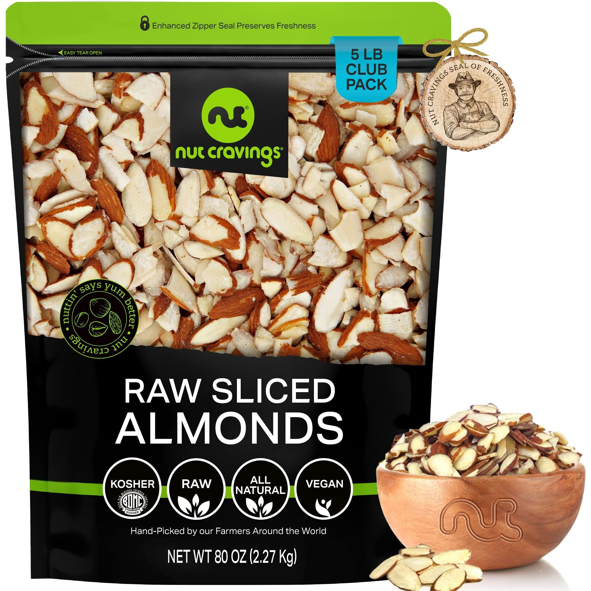 Nut Cravings - Natural Sliced Almonds - Raw, (80Oz - 5 Lb) Packed Fresh In Resealable Bag - Nut Snack - Healthy Protein Food, All Natural, Keto, Vegan, Kosher Ideal For Trail Mixed Nuts