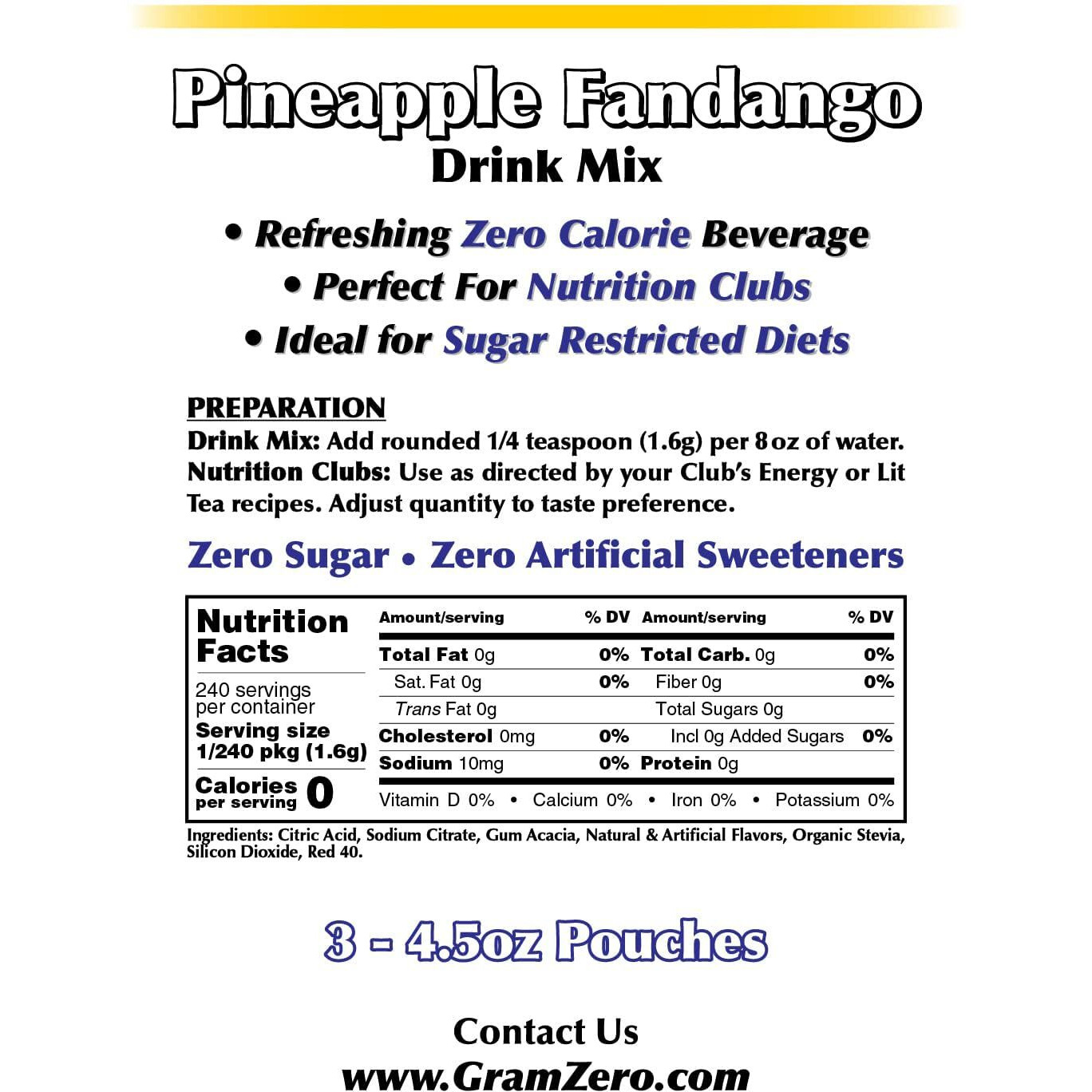 Gramzero Pineapple Fandango Zero Calorie Sugar Free Drink Mix, Great For Nutrition Club Loaded Tea, Stevia Sweetened