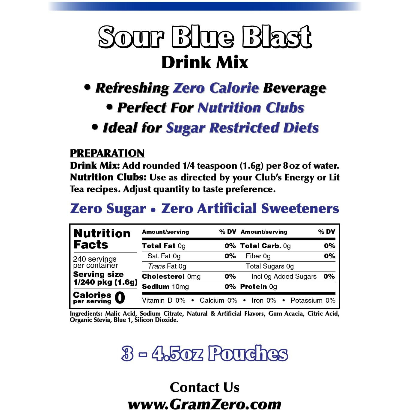 Gramzero Sour Blue Blast Zero Calorie Sugar Free Drink Mix, Great For Nutrition Club Loaded Tea, Stevia Sweetened