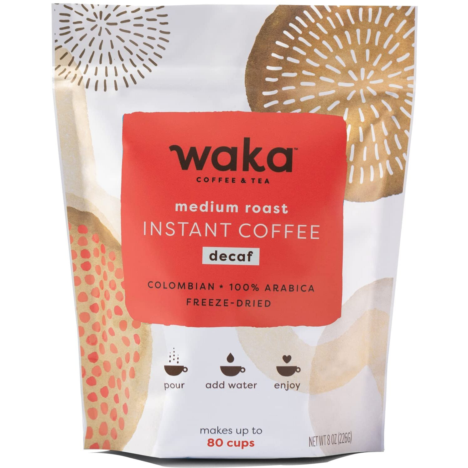 Waka Instant Coffee, Decaffeinated Medium Roast - 100% Arabica Colombian Beans, Freeze Dried Granules, No Sugar Or Additives - Bulk Bag For Quick Hot And Iced Coffees, Up To 80 Cups (8Oz)