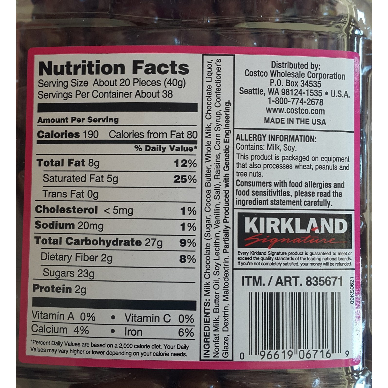 Kirkland Signature Milk Chocolate Raisins 3.38 Lbs (54 Oz) Jar