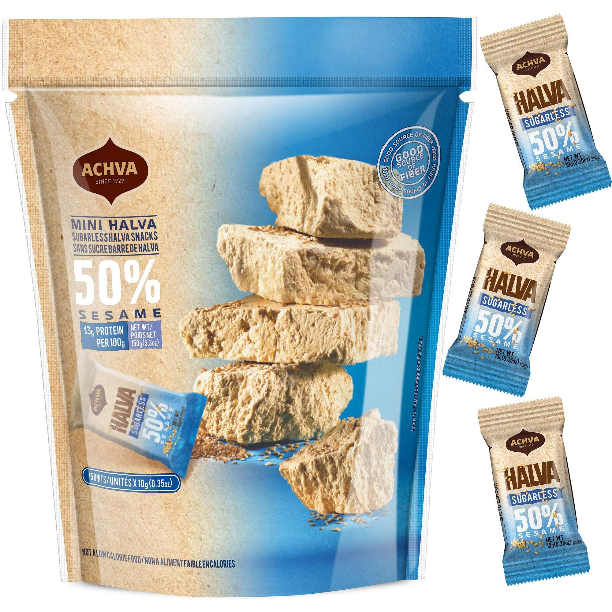 Halva Sugarless Tahini Bar Mini Snacks - Assortment Of 15 Snack-Sized Vanilla Flavor Halvah- Vegan, Kosher Snacks With No Gluten Or Lactose By Achva, 12 G. Each Product Name