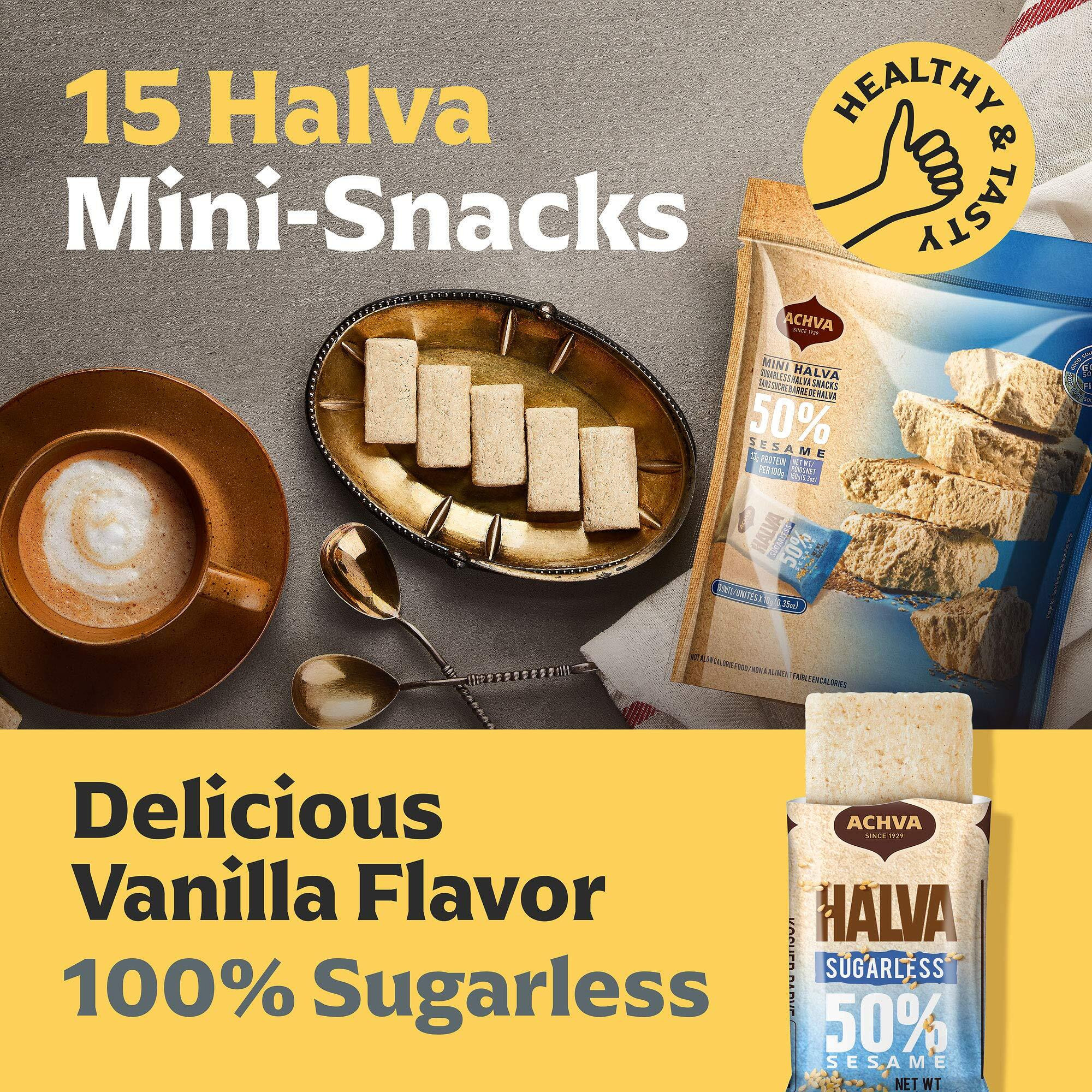 Halva Sugarless Tahini Bar Mini Snacks - Assortment Of 15 Snack-Sized Vanilla Flavor Halvah- Vegan, Kosher Snacks With No Gluten Or Lactose By Achva, 12 G. Each Product Name