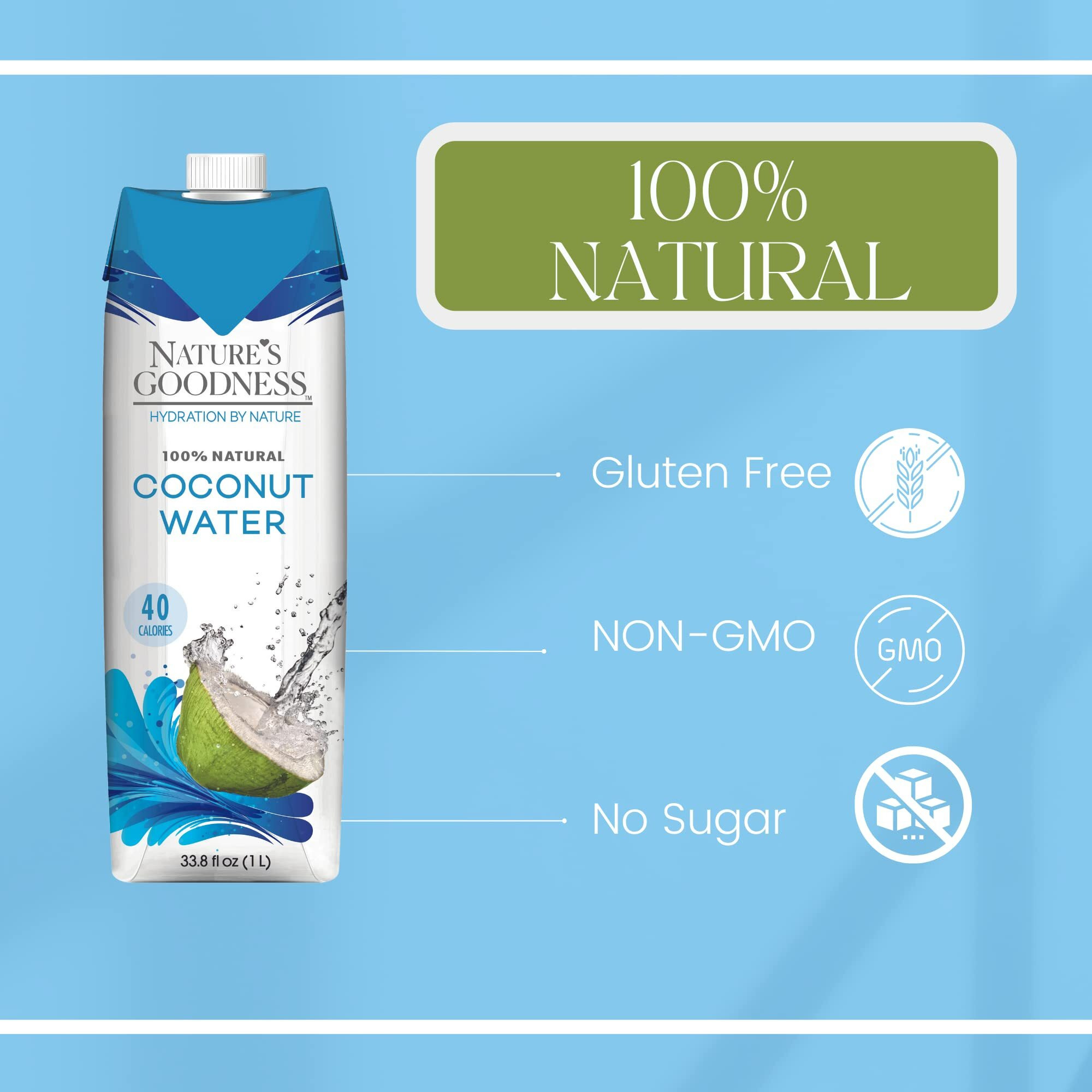 6 Pack Of Nature's Goodness Coconut Water - 33.82 Fl Oz 1(L) (No Pulp, Sugar Free, Vegan, Hydrating Naturally)