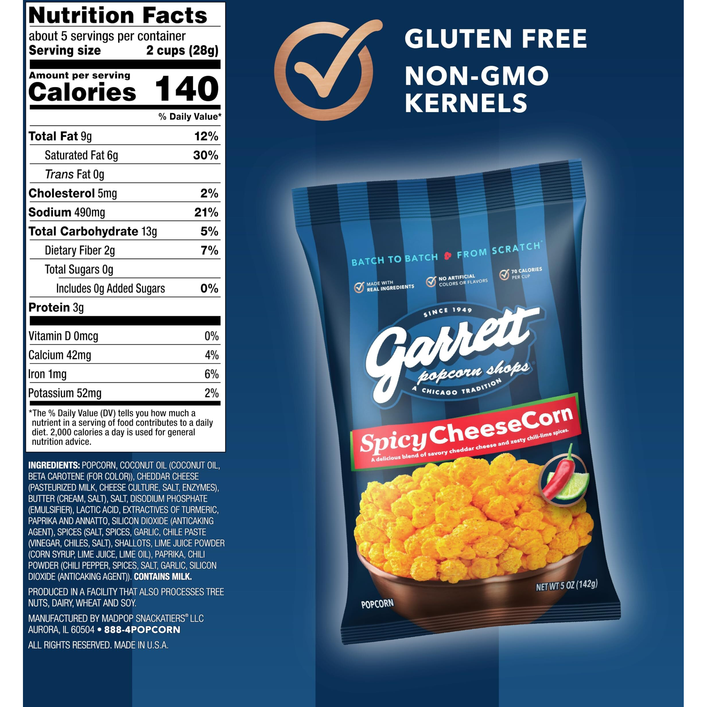 Garrett Popcorn Spicy Cheesecorn, 5.0Oz, 4 Bags, Spicy Cheddar Popcorn, Gluten Free, Spicy Snack, Popped Popcorn Bags