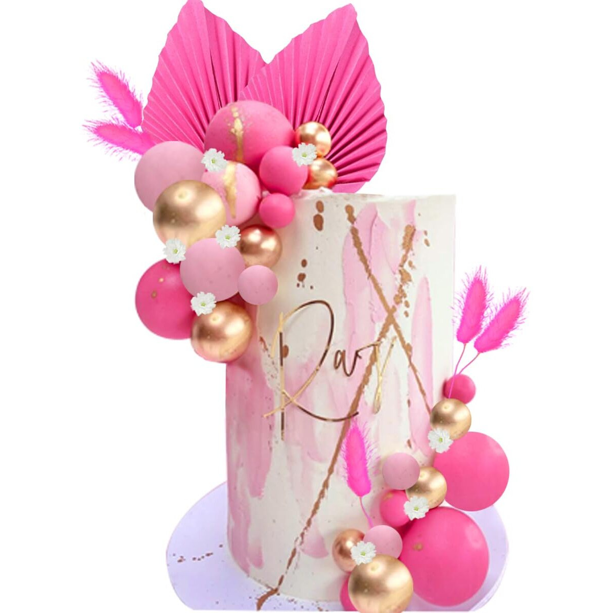 Flower Cake Topper Gold Palm Leaves Balls Cake Decoration For Baby Shower Birthday Party (Hot Pink)