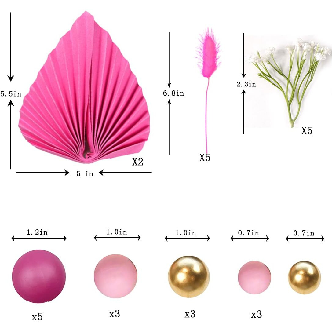 Flower Cake Topper Gold Palm Leaves Balls Cake Decoration For Baby Shower Birthday Party (Hot Pink)