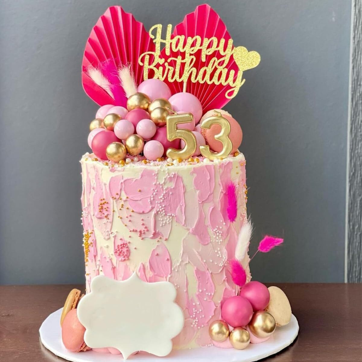 Flower Cake Topper Gold Palm Leaves Balls Cake Decoration For Baby Shower Birthday Party (Hot Pink)