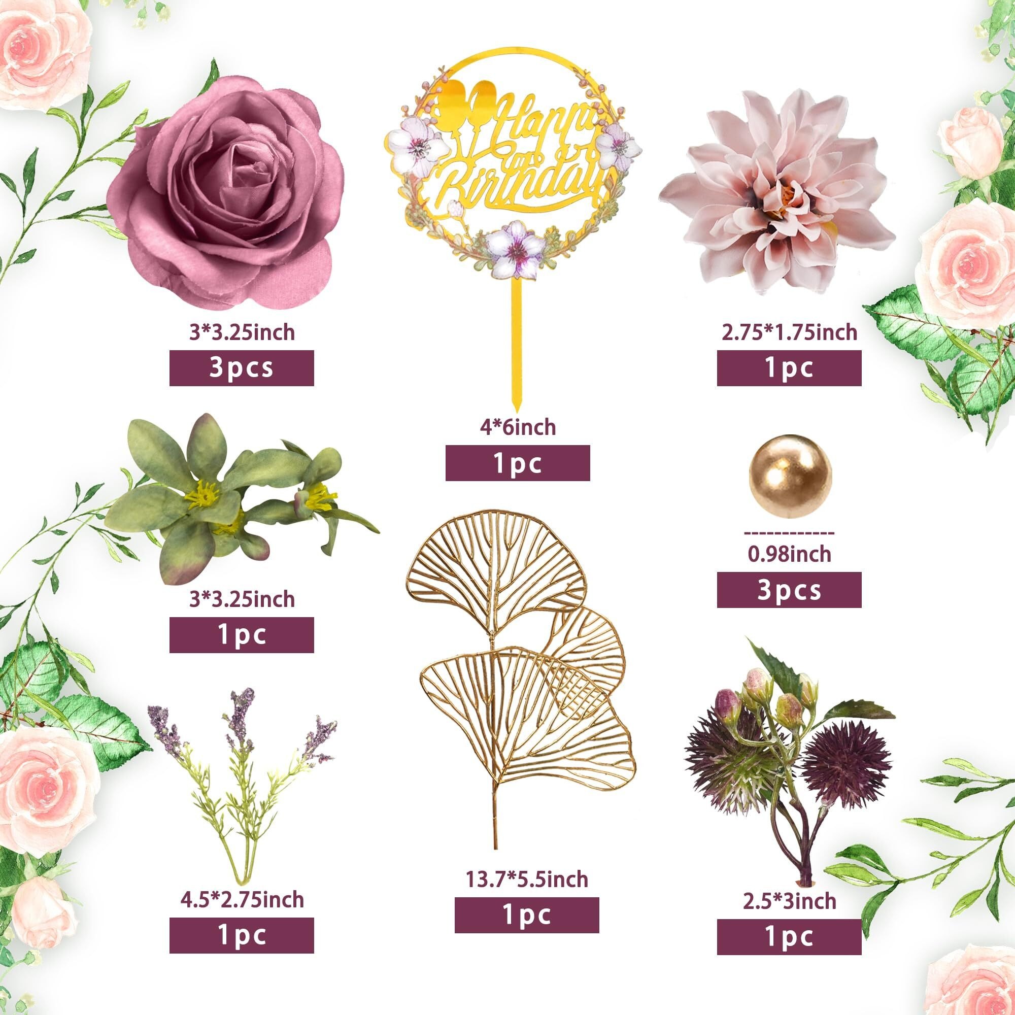 Flower Cake Toppers Happy Birthday Cake Toppers With Artificial Purple Rose Flowers Eucalyptu Leaves For Birthday Party Wedding Baby Shower Supplies (Purple)