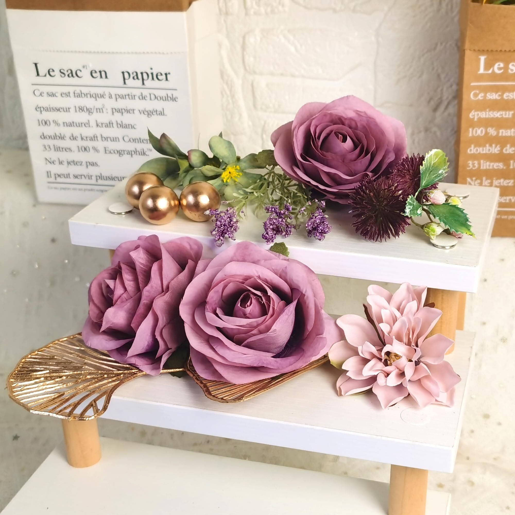 Flower Cake Toppers Happy Birthday Cake Toppers With Artificial Purple Rose Flowers Eucalyptu Leaves For Birthday Party Wedding Baby Shower Supplies (Purple)