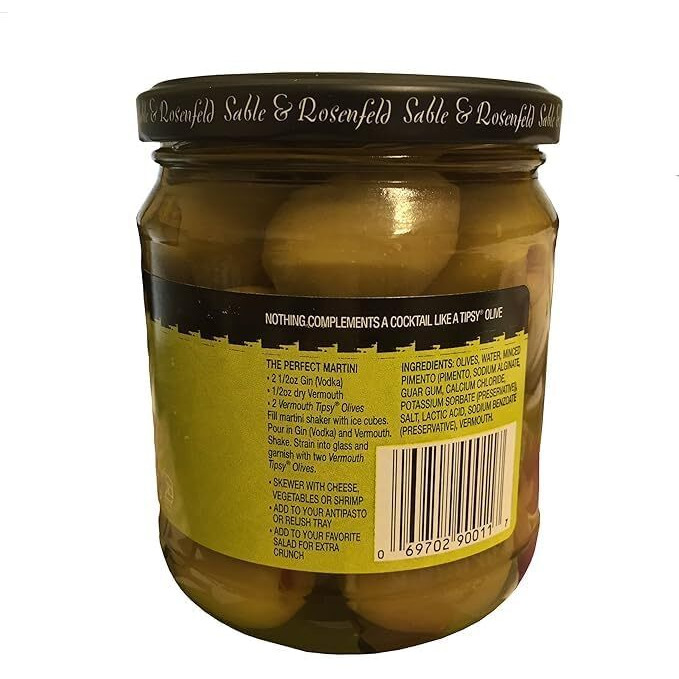 Sable & Rosenfeld Tipsy Olives - Green Olives Stuffed With Pimento, Cocktail Olives With French Vermouth For Bloody Mary, Martini, Olive Bar - 10.6 Oz, (Pack Of 6)