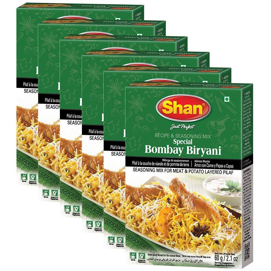 Shan Bombay Biryani Recipe And Seasoning Mix 2.11 Oz (60G) - Spice Powder For Meat And Potato Layered Pilaf - Suitable For Vegetarians - Airtight Bag In A Box (Pack Of 6)
