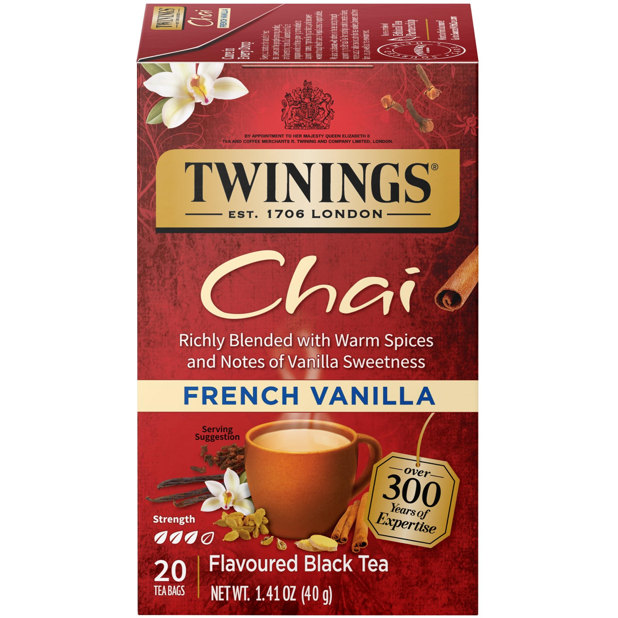 Twinings French Vanilla Chai Black Tea, 20 Count (Pack Of 6), Individually Wrapped Tea Bags, Warm, Sweet & Spicy, Caffeinated, Enjoy Hot Or Iced