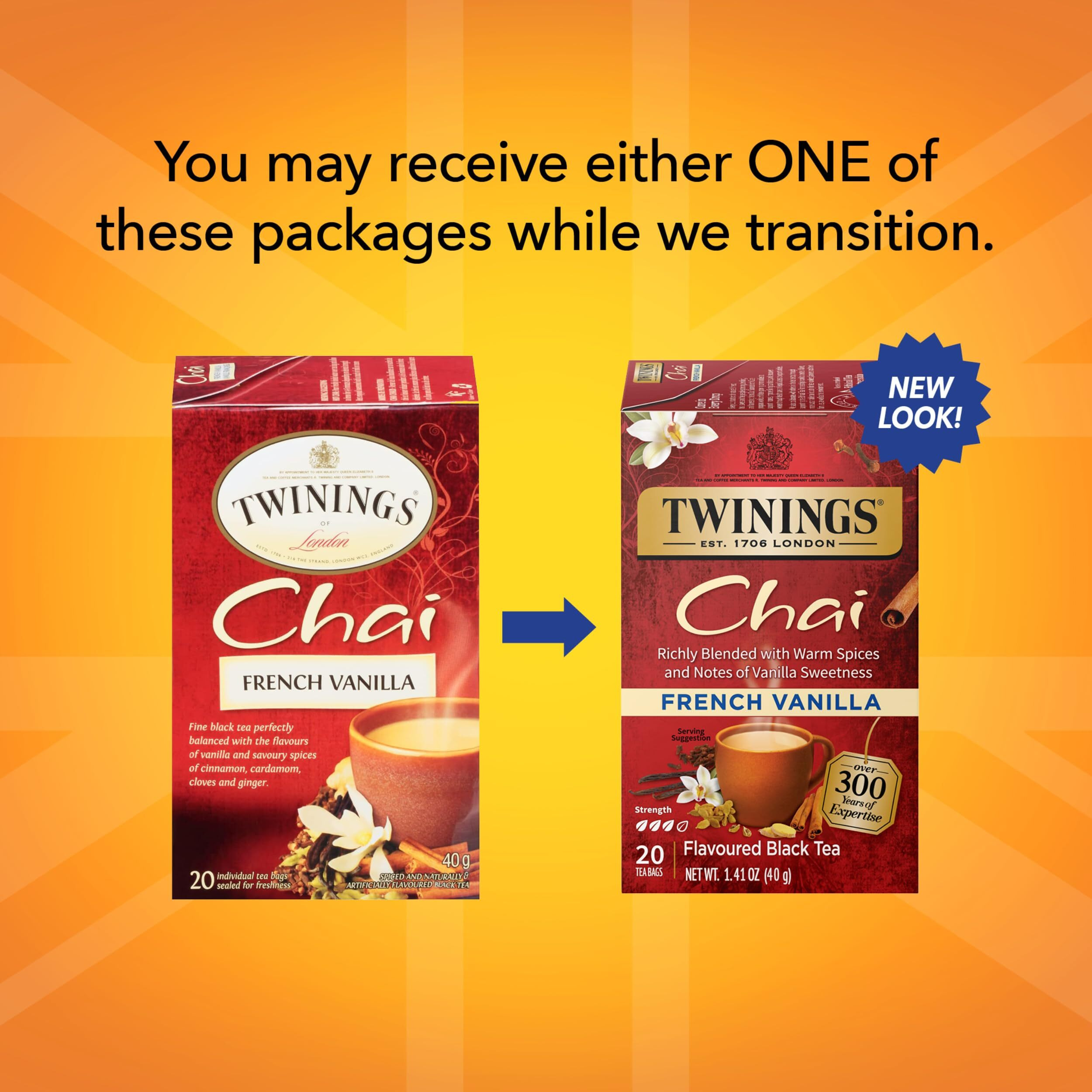 Twinings French Vanilla Chai Black Tea, 20 Count (Pack Of 6), Individually Wrapped Tea Bags, Warm, Sweet & Spicy, Caffeinated, Enjoy Hot Or Iced