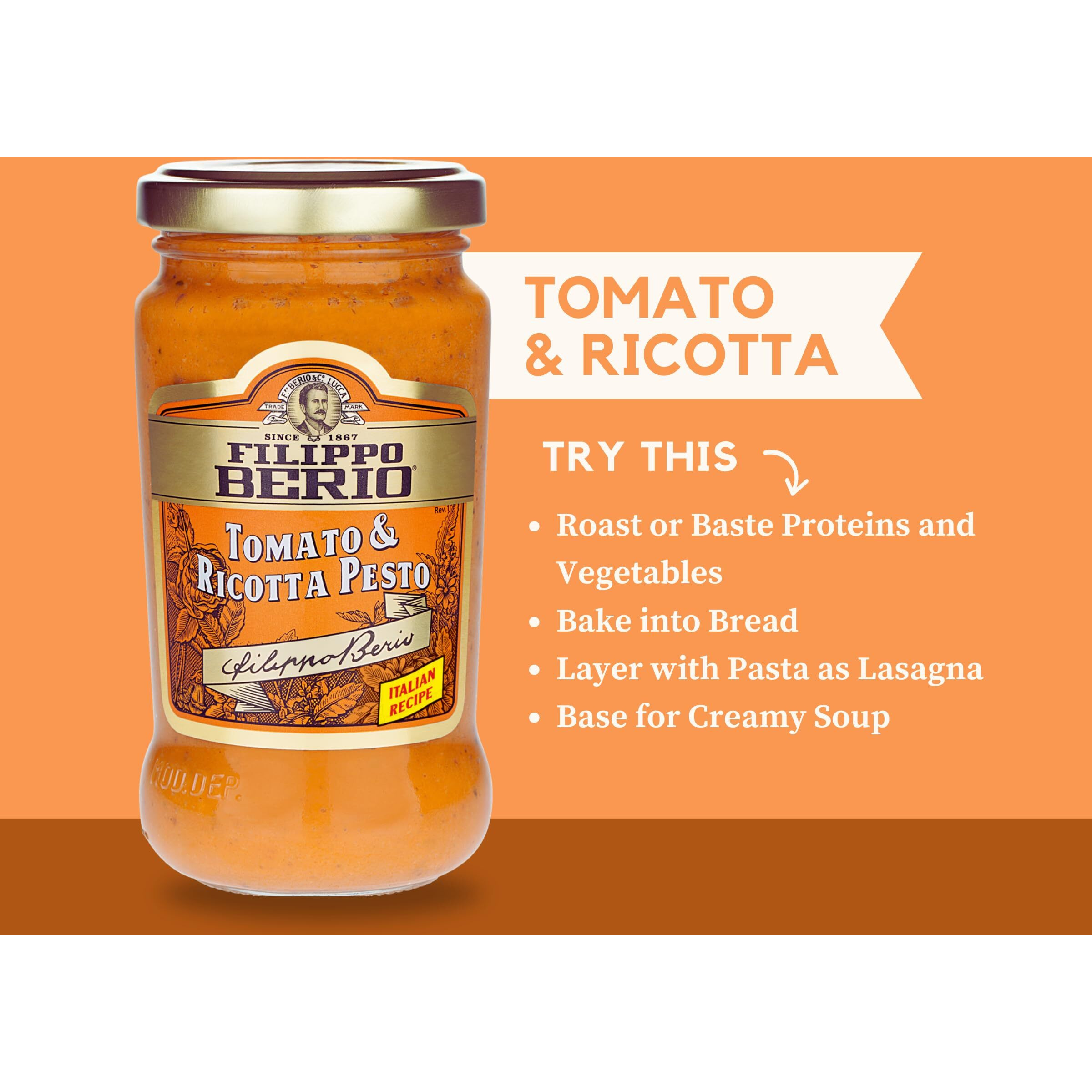 Filippo Berio Pesto, Tomato & Ricotta, 6.7 Ounce Glass Jar