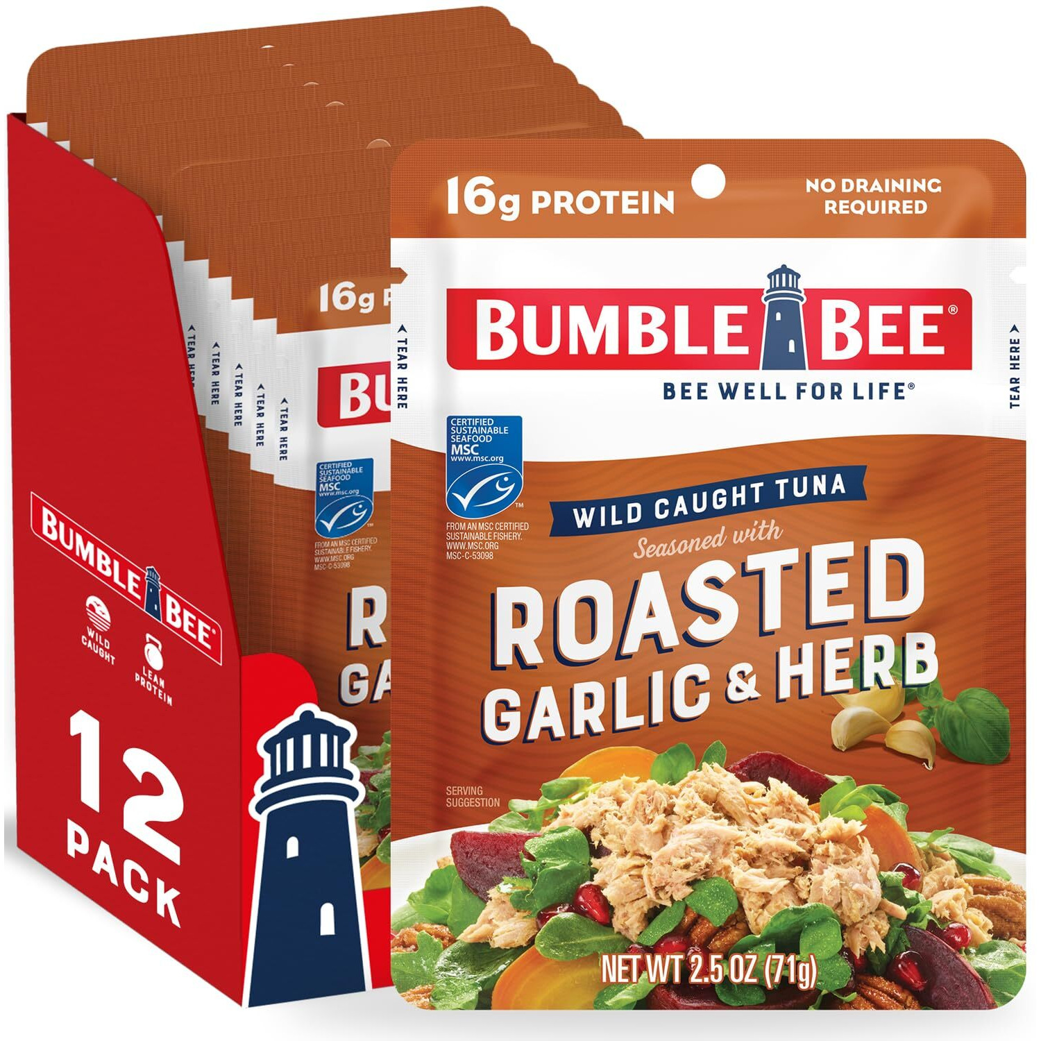 Bumble Bee Roasted Garlic & Herb Seasoned Tuna, 2.5 Oz Pouches (Pack Of 12) - Ready To Eat - Wild Caught Tuna Packet - 16G Protein Per Serving - Gluten Free