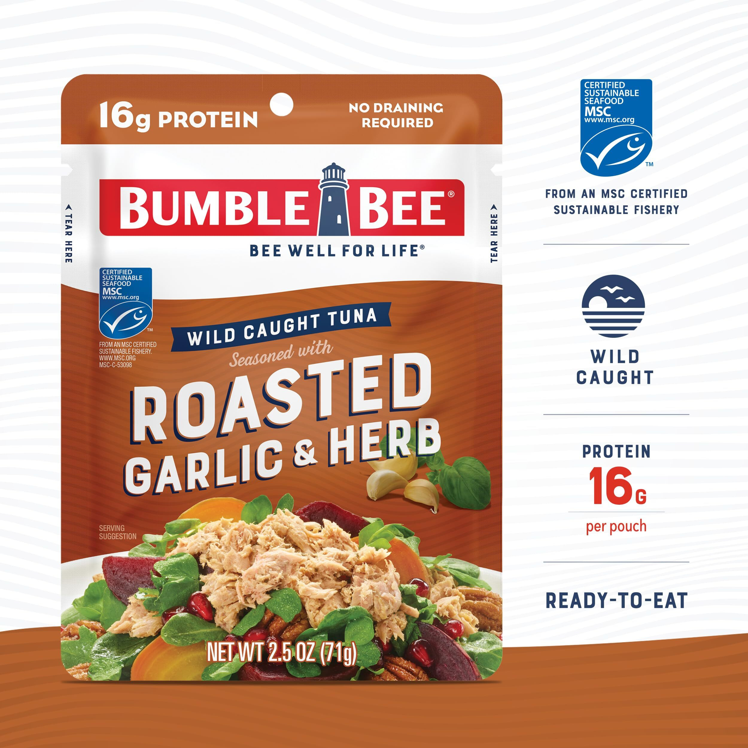 Bumble Bee Roasted Garlic & Herb Seasoned Tuna, 2.5 Oz Pouches (Pack Of 12) - Ready To Eat - Wild Caught Tuna Packet - 16G Protein Per Serving - Gluten Free