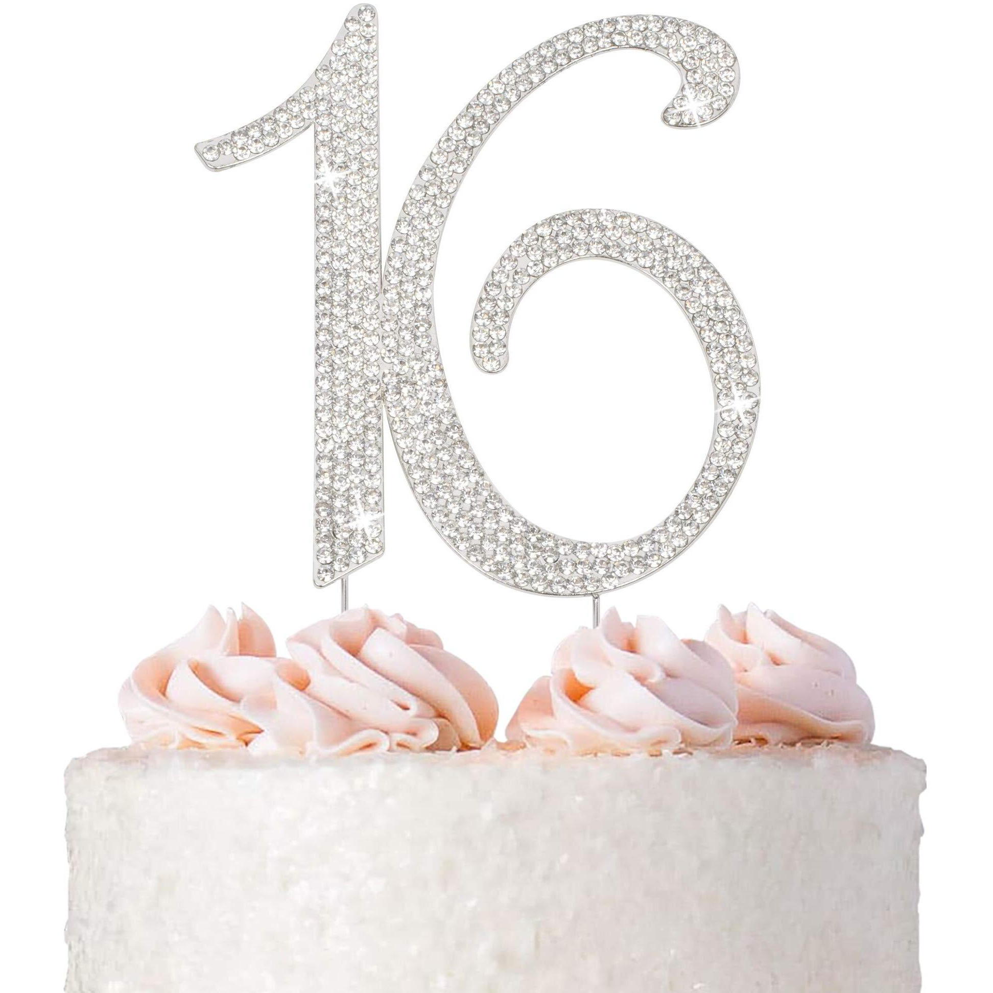 16 Cake Topper - Premium Silver Metal - Sweet 16 Birthday Party Sparkly Rhinestone Decoration Makes A Great Centerpiece - Now Protected In A Box