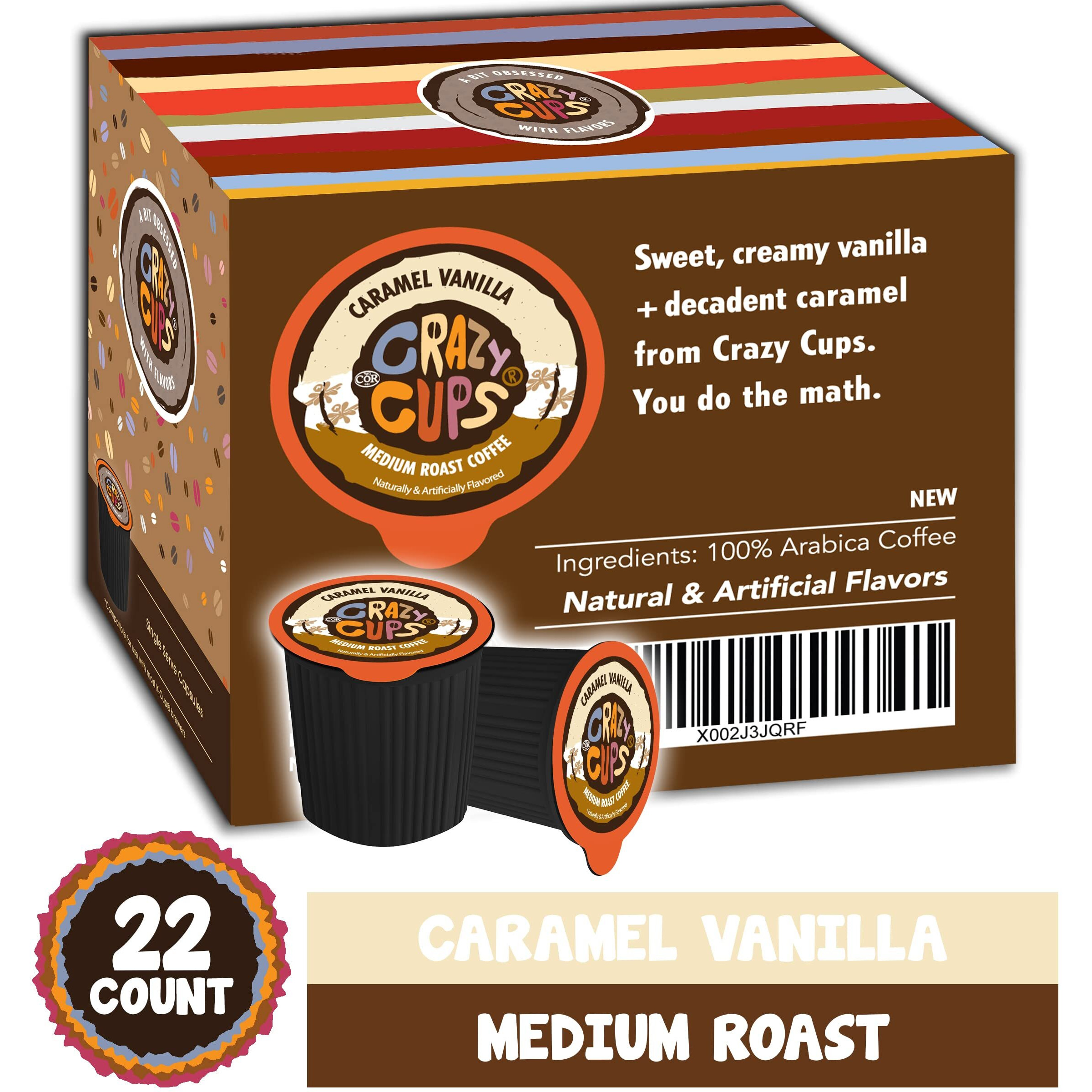 Crazy Cups Flavored Coffee Pods, Caramel Vanilla, Single Serve For Keurig K Cups Machines, Medium Roast In Recyclable Pods, 22 Count