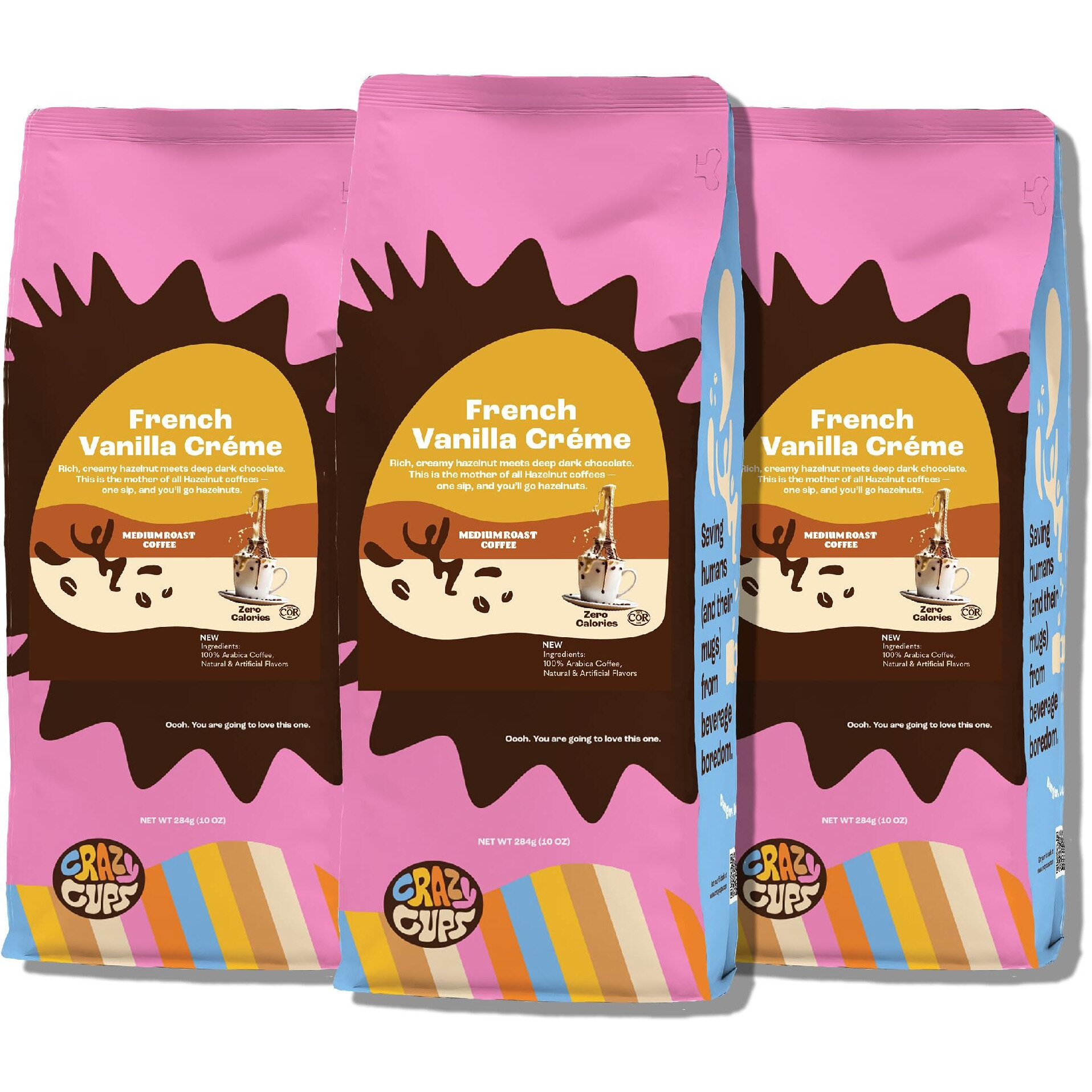 Crazy Cups French Vanilla Coffee, Flavored Ground Coffee (Vanilla Creme), 10 Oz Bags, Pack Of 3