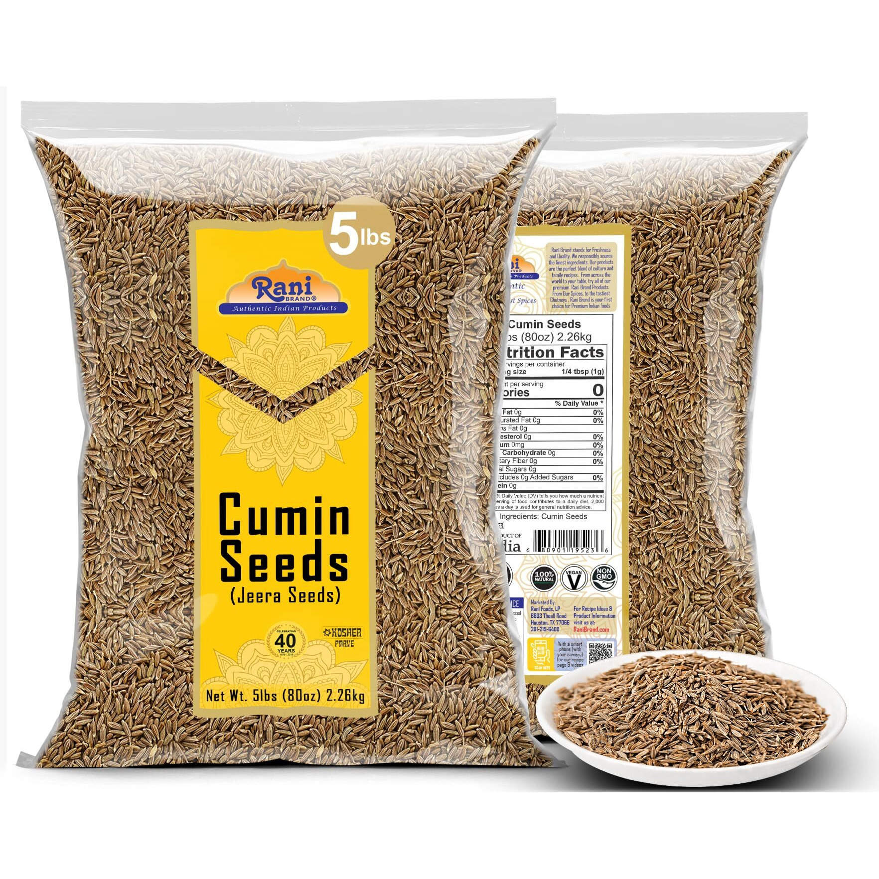 Rani Cumin Seeds Whole (Jeera) Spice 80Oz (5Lbs) 2.27Kg Bulk ~ All Natural | Gluten Friendly | Non-Gmo | Kosher | Vegan | Indian Origin