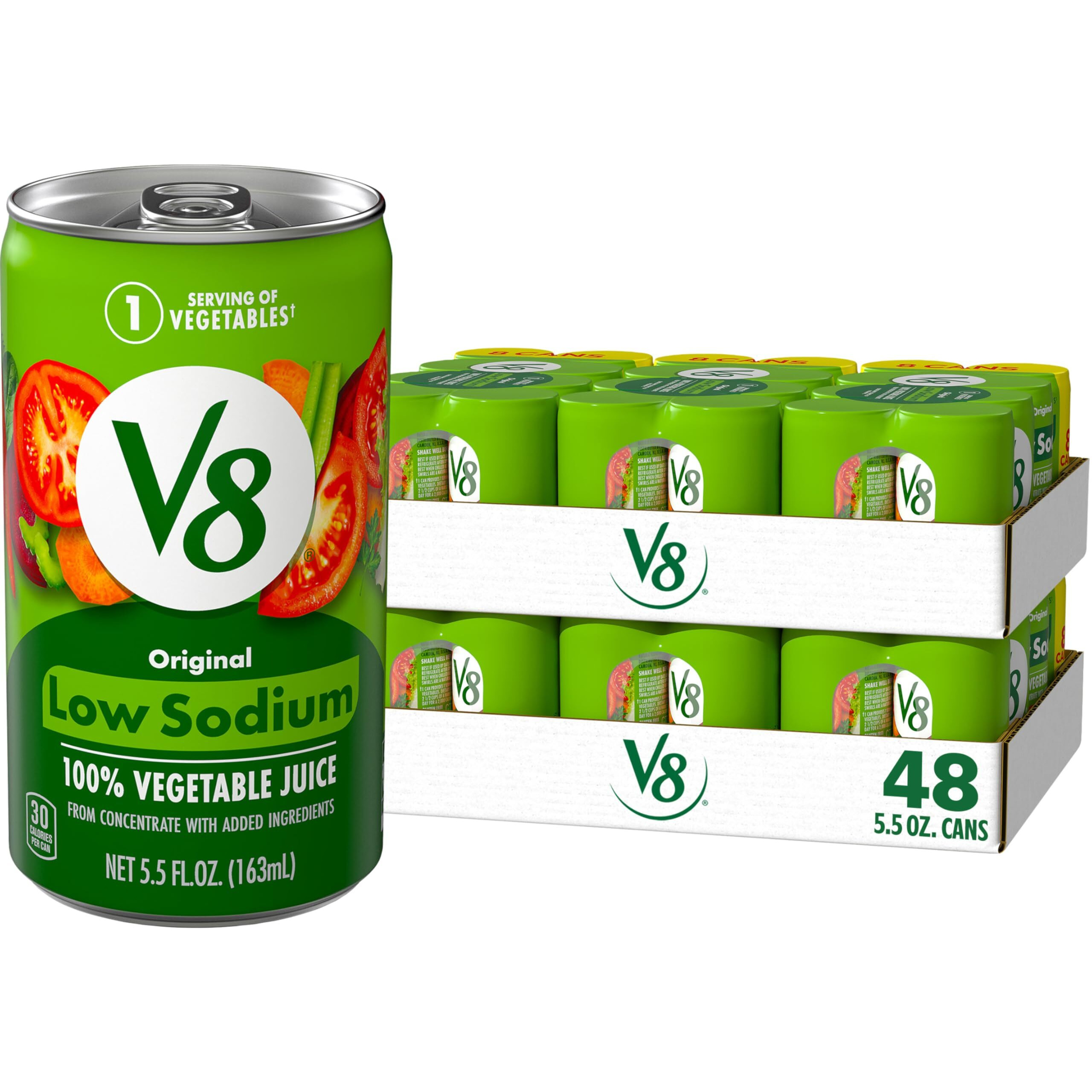 V8 Low Sodium Original 100% Vegetable Juice, Vegetable Blend With Tomato Juice, 5.5 Fl Oz - 8 Count (Pack Of 6)