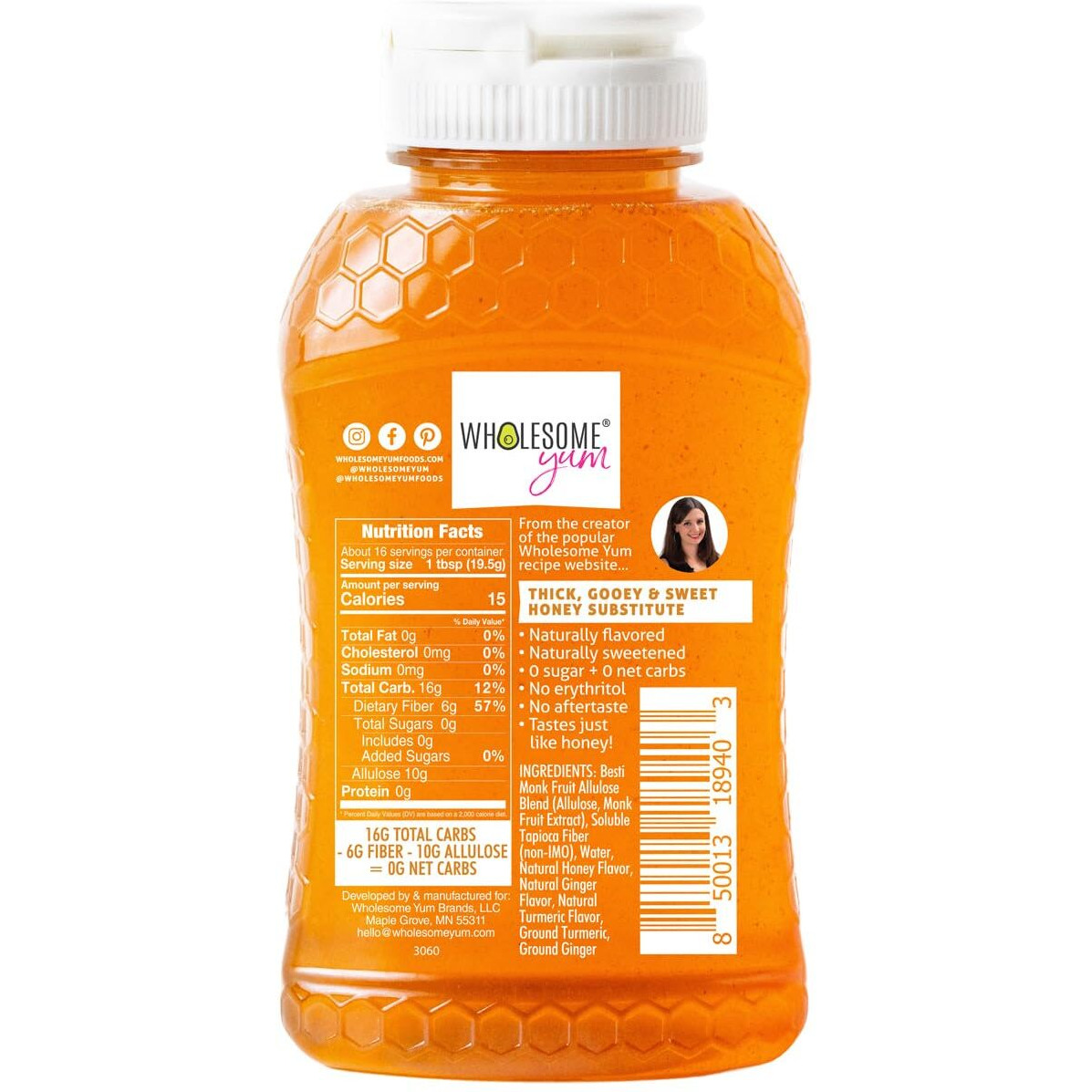 Wholesome Yum Turmeric Ginger Zero Sugar Honey Substitute (Keto Honey) - Natural Sugar Free Honey Alternative With Monk Fruit & Allulose - 0 Net Carbs, Non-Gmo, Gluten Free, No Aftertaste (11 Oz)