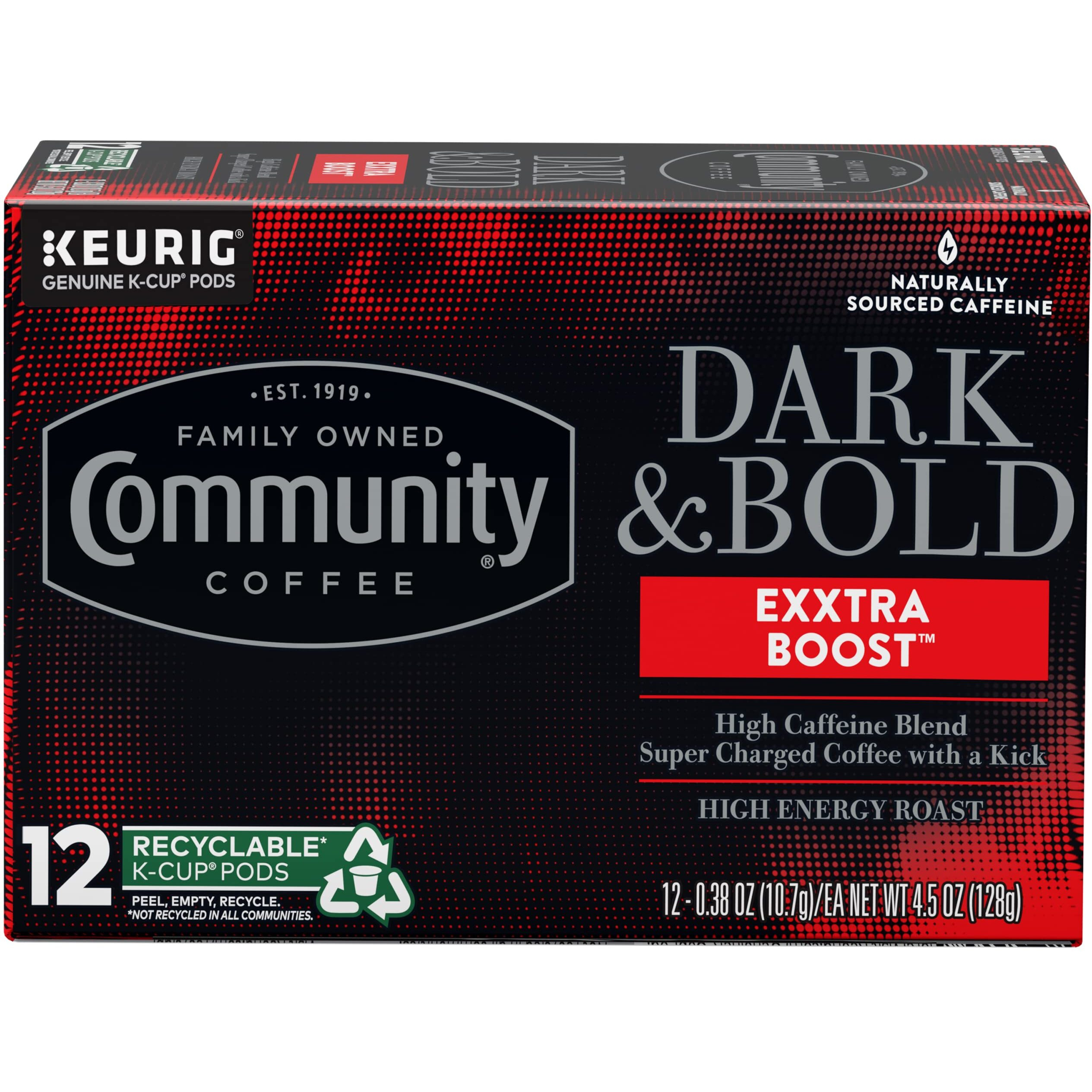 Community Coffee Dark & Bold Exxtra Boost 12 Count Coffee Pods, Compatible With Keurig 2.0 K-Cup Brewers, 12 Count (Pack Of 1)