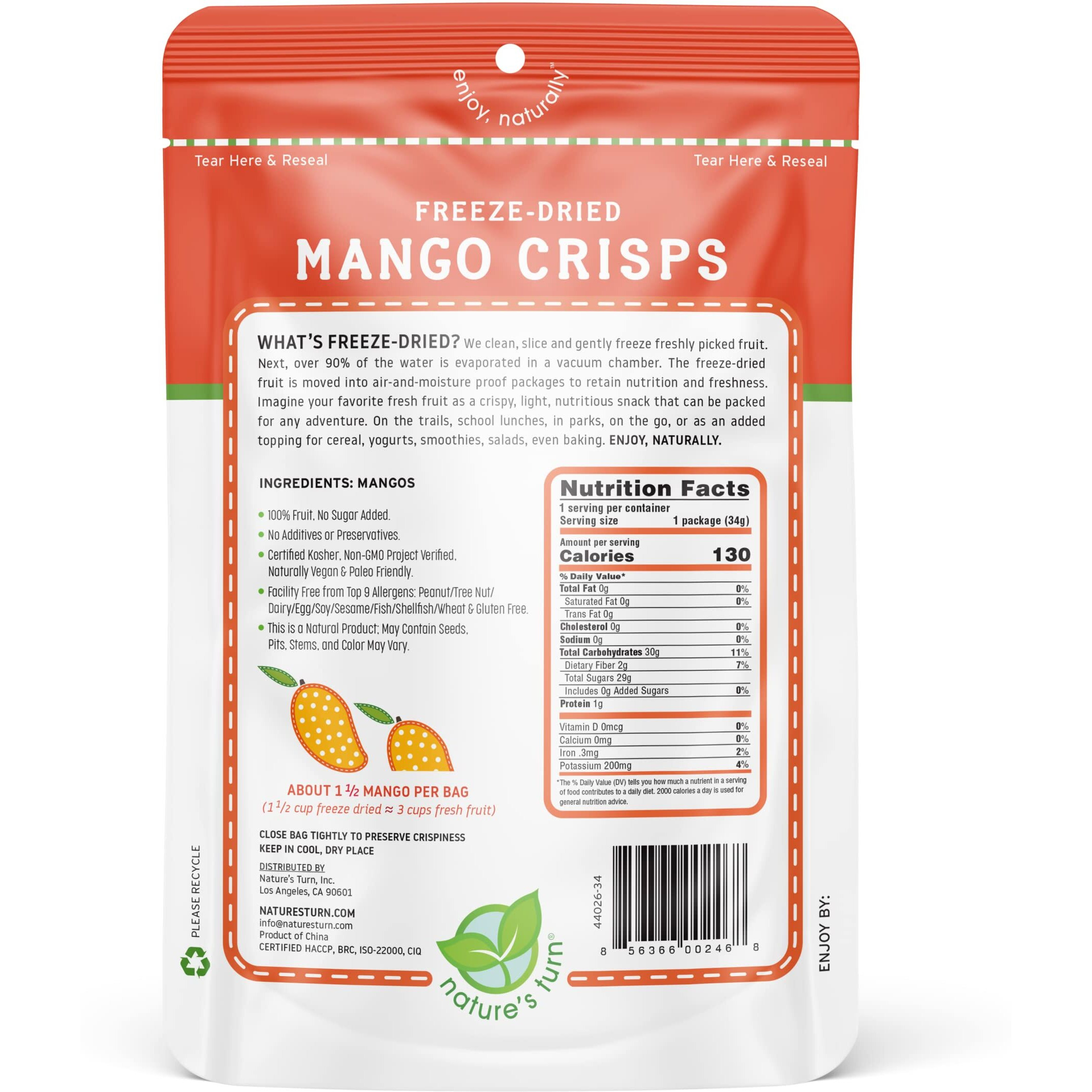 Nature's Turn Freeze-Dried Fruit Snacks, Mango Crisps, Pack Of 6 (1.2 Oz Each)
