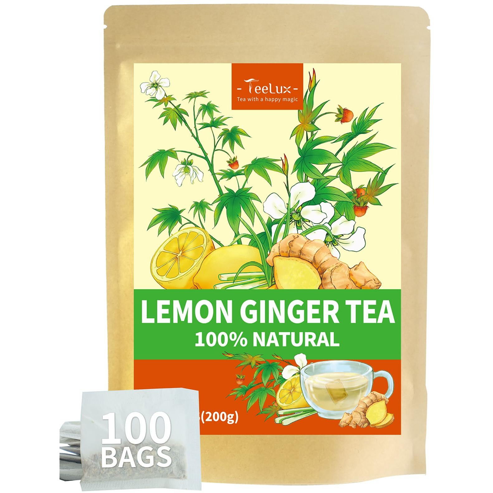 Teelux Lemon Ginger Herbal Tea, Refreshing Lemon With Spicy Ginger Root & Zesty Lemongrass, Caffeine Free, Soothing & Tangy Flavor, 100 Tea Bags