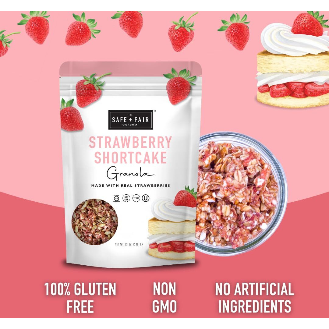Safe + Fair Strawberry Shortcake Granola - Gluten-Free, Dairy Free And Vegan Breakfast, Snack Or Dessert - Free From Top 9 Allergens, Trans Fat And Artificial Ingredients - Non Gmo, 12Oz, 6 Pack
