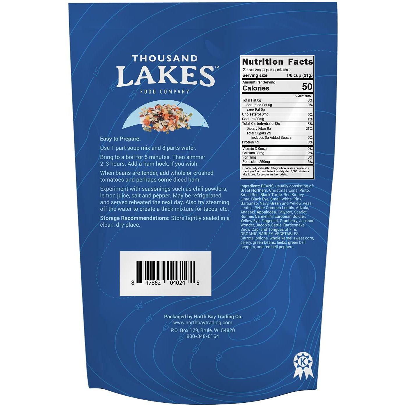 Thousand Lakes 32 Bean And 8 Vegetable Dry Soup Mix - 2-Pack 16 Ounces (2 Pounds Total) | Low Sodium | No Fat | High Fiber | 40+ Servings | Vegan