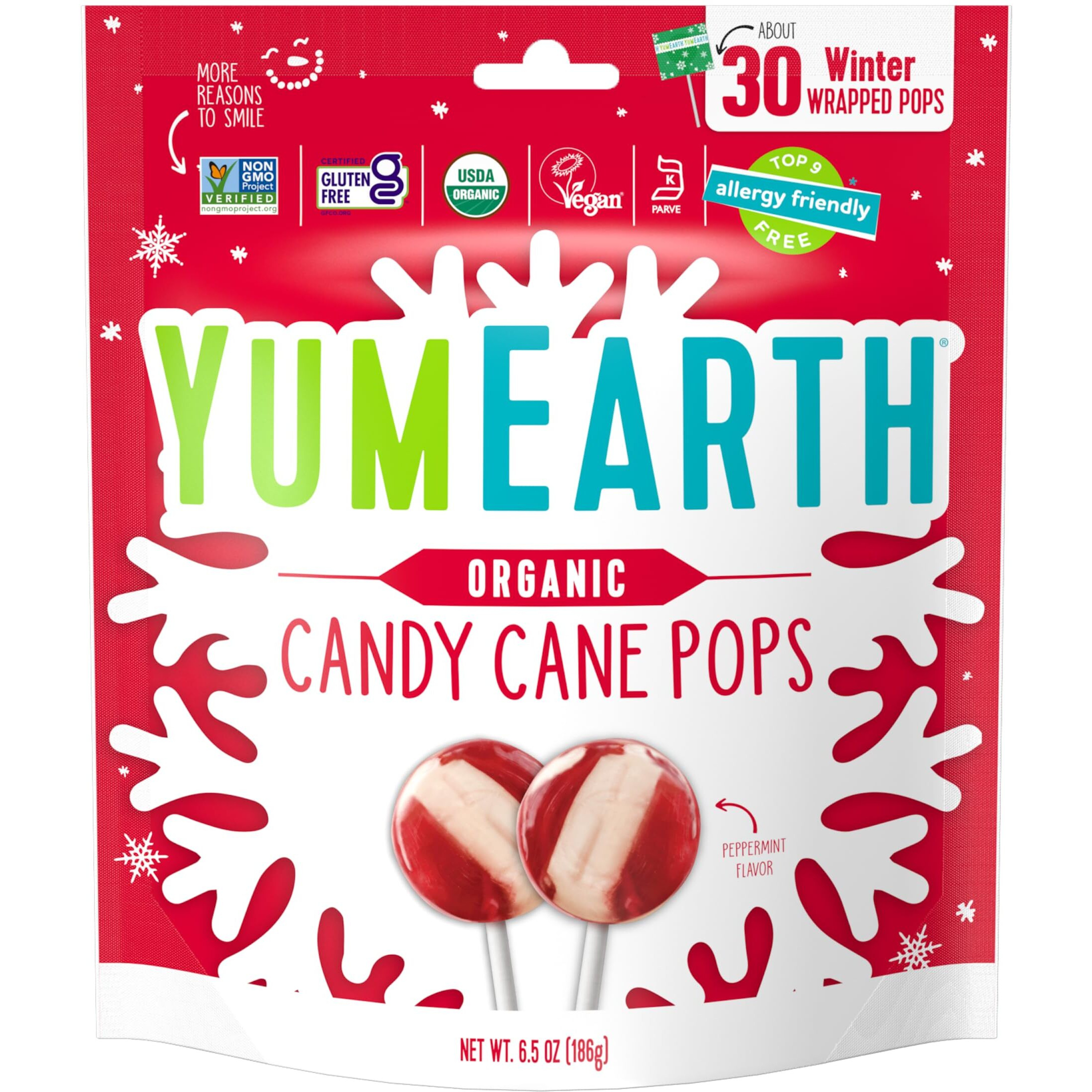 Yumearth Organic Candy Cane Lollipops - Individually Wrapped Peppermint Pops - Dye Free, Allergy Friendly, Non Gmo, Gluten Free, Vegan - 30 Count (Pack Of 1)