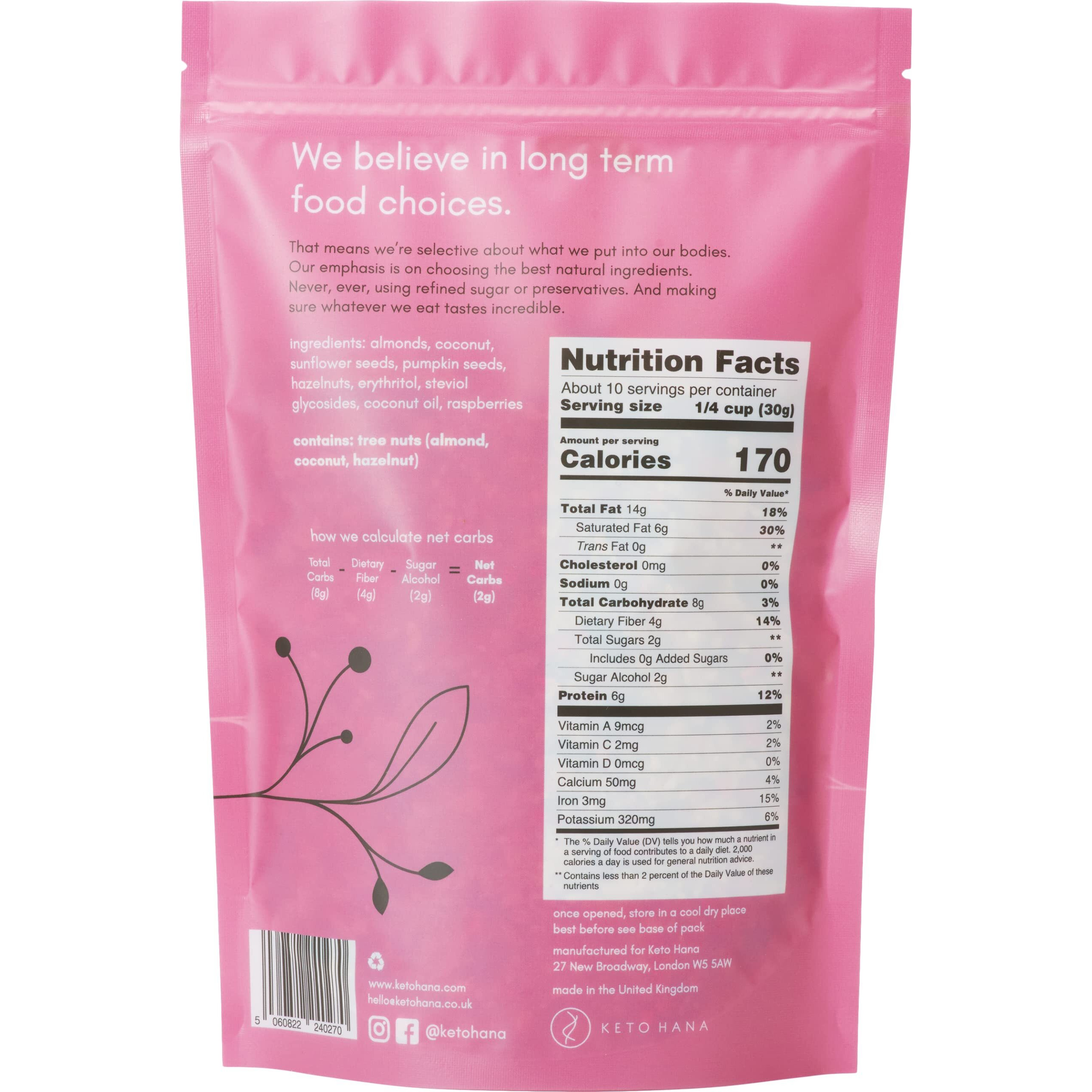 Keto Hana Raspberry Keto Granola Keto Diet Vegan Grain Free Dairy Free Plant Based No Refined Sugars Gluten Free 2G Net Carbs Breakfast Cereal - 11Oz