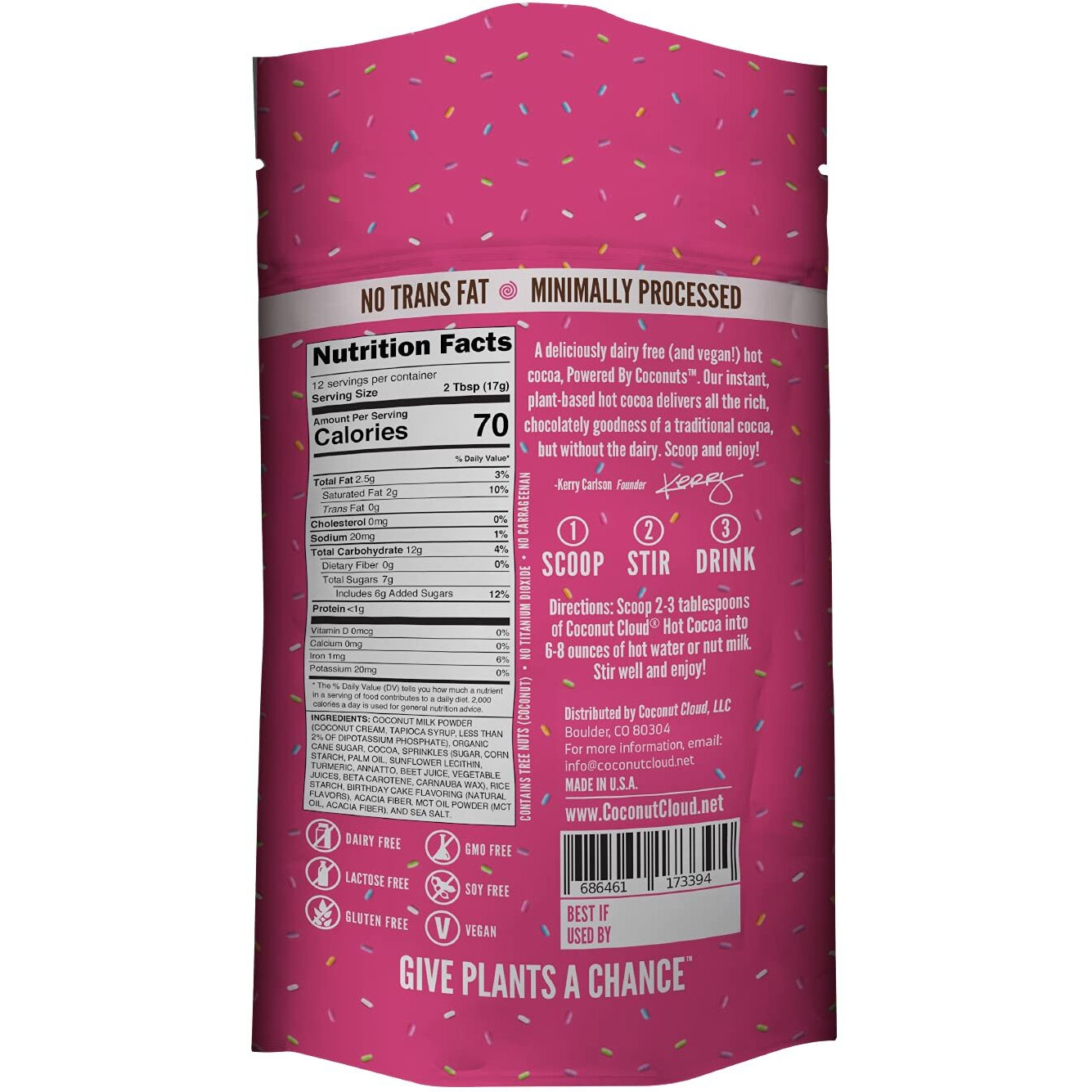 Coconut Cloud Dairy-Free Instant Hot Cocoa Mix | Vegan, Natural, Delicious, Creamy Chocolate (Made In Colorado From Premium Coconut Milk Powder), Birthday Cake Hot Cocoa, 7 Oz