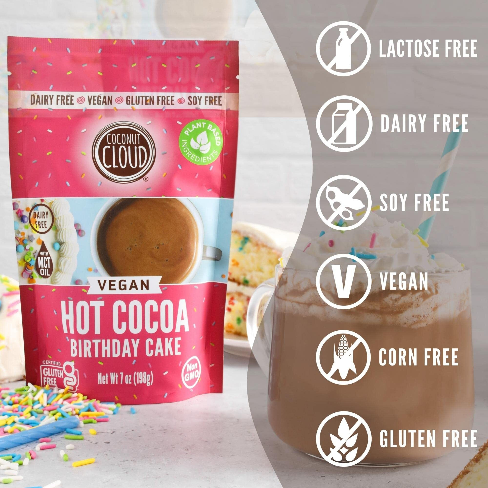 Coconut Cloud Dairy-Free Instant Hot Cocoa Mix | Vegan, Natural, Delicious, Creamy Chocolate (Made In Colorado From Premium Coconut Milk Powder), Birthday Cake Hot Cocoa, 7 Oz