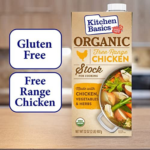 Kitchen Basics Organic Free-Range Chicken Stock, Heart Healthy, No Msg, Usda Certified Organic, Gluten Free, 32 Ounce (Pack Of 12)