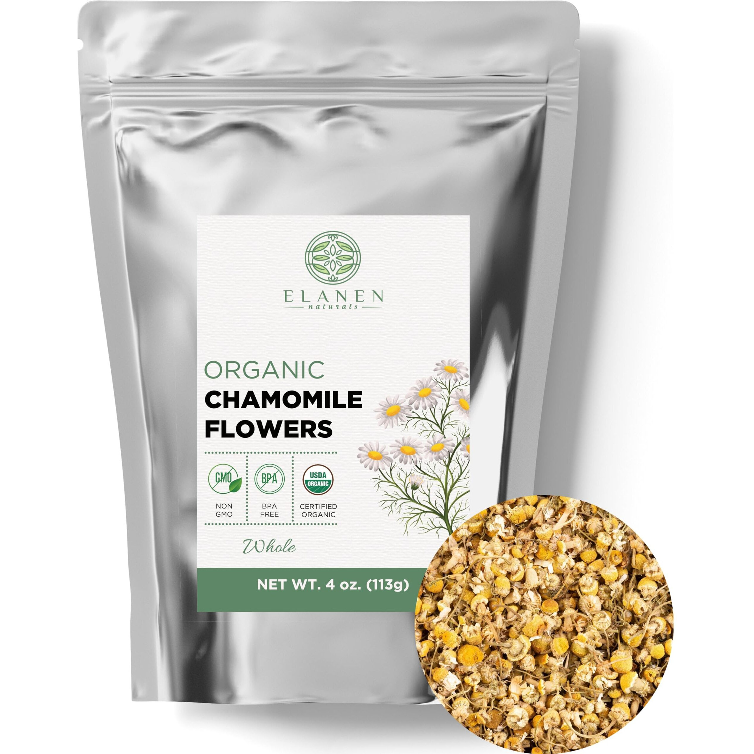 Elanen Naturals Organic Chamomile Flowers 4 Oz. (113G), Usda Certified Organic Chamomile Tea Loose Leaf, Camomile Tea, Manzanilla Tea Herb, German Chomomile Golden Chamomeal, Whole